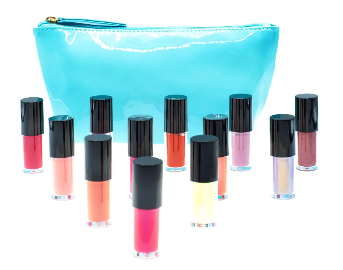 12 Piece Mini Lip Gloss Set with Convenient Compact Cosmetic Bag.