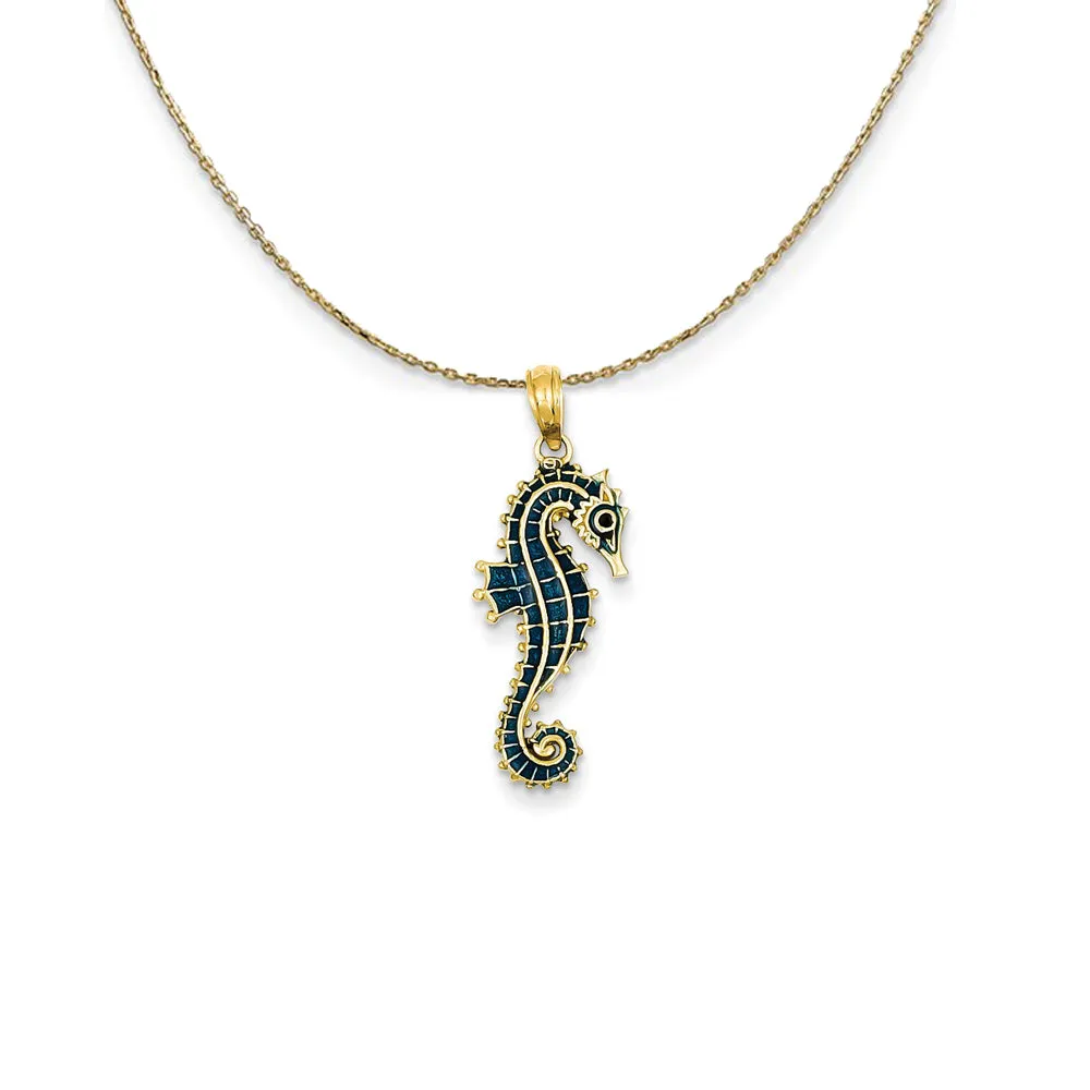 14k Yellow Gold Blue Enameled Seahorse Necklace