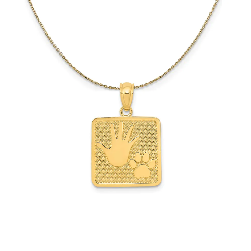 14k Yellow Gold Hand and Paw Print Square Necklace