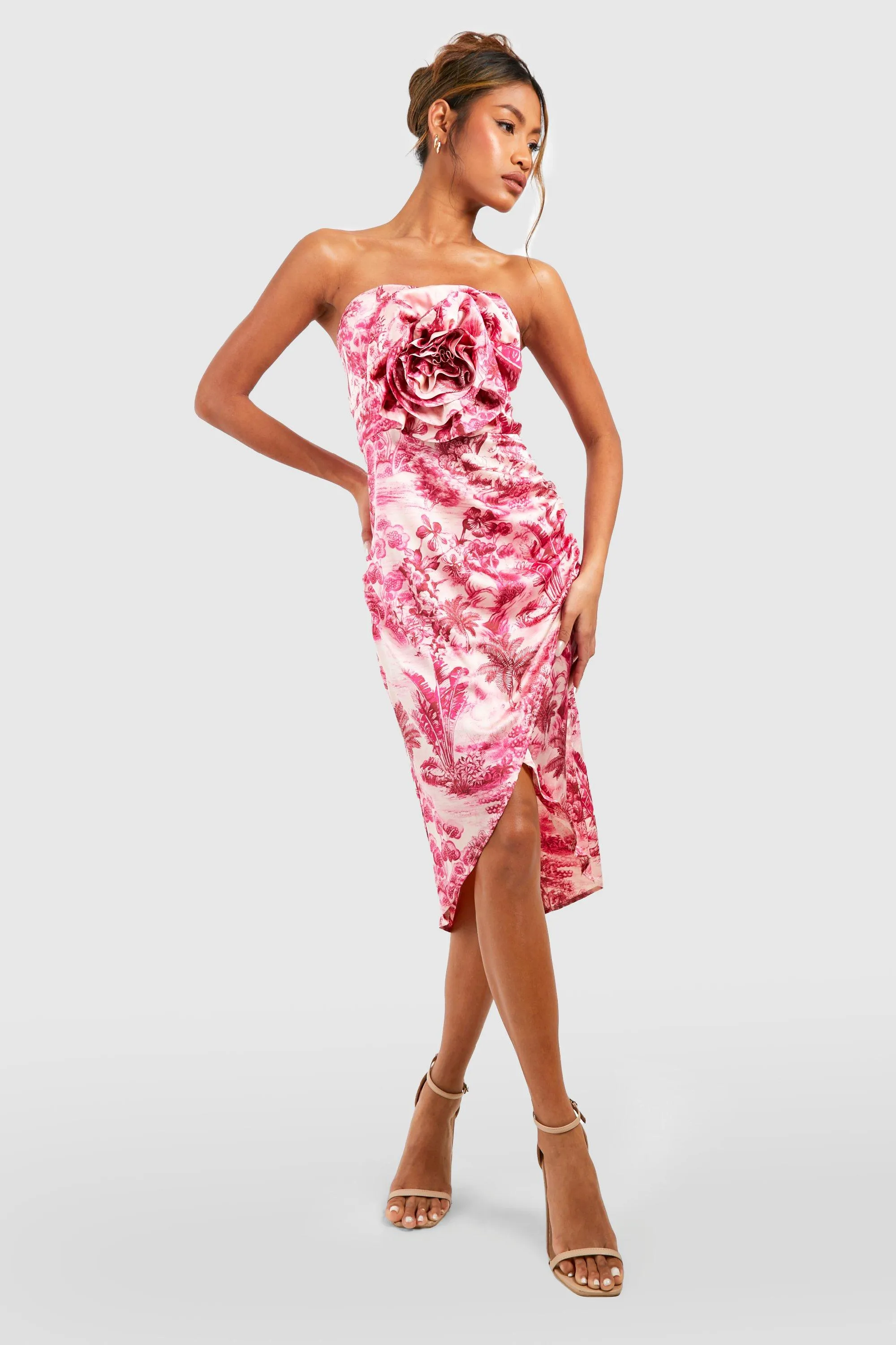 3D Rose Detail Bandeau Wrap Midi Dress