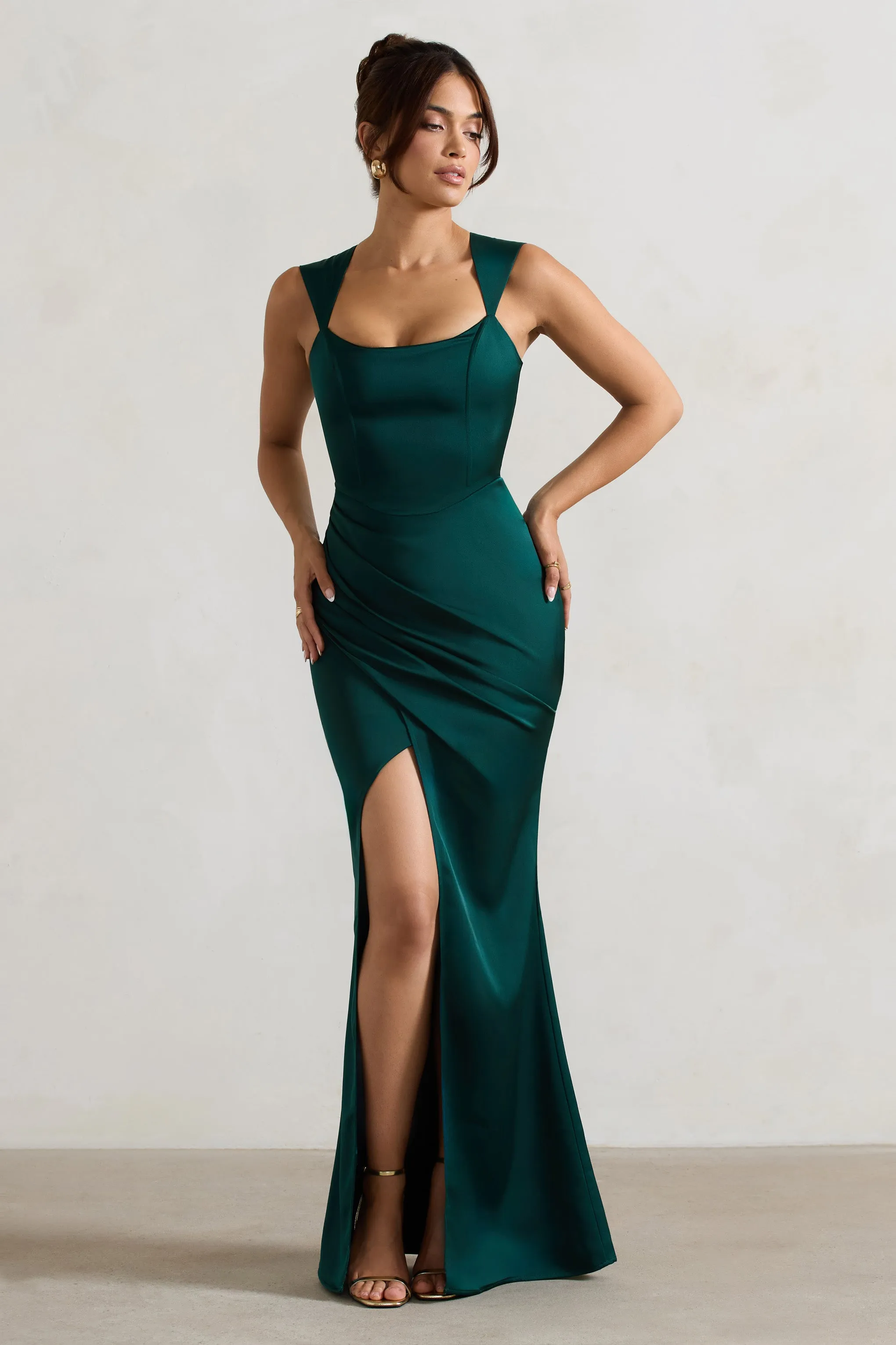 A Romantic | Bottle Green Satin Corset Wrap Maxi Dress