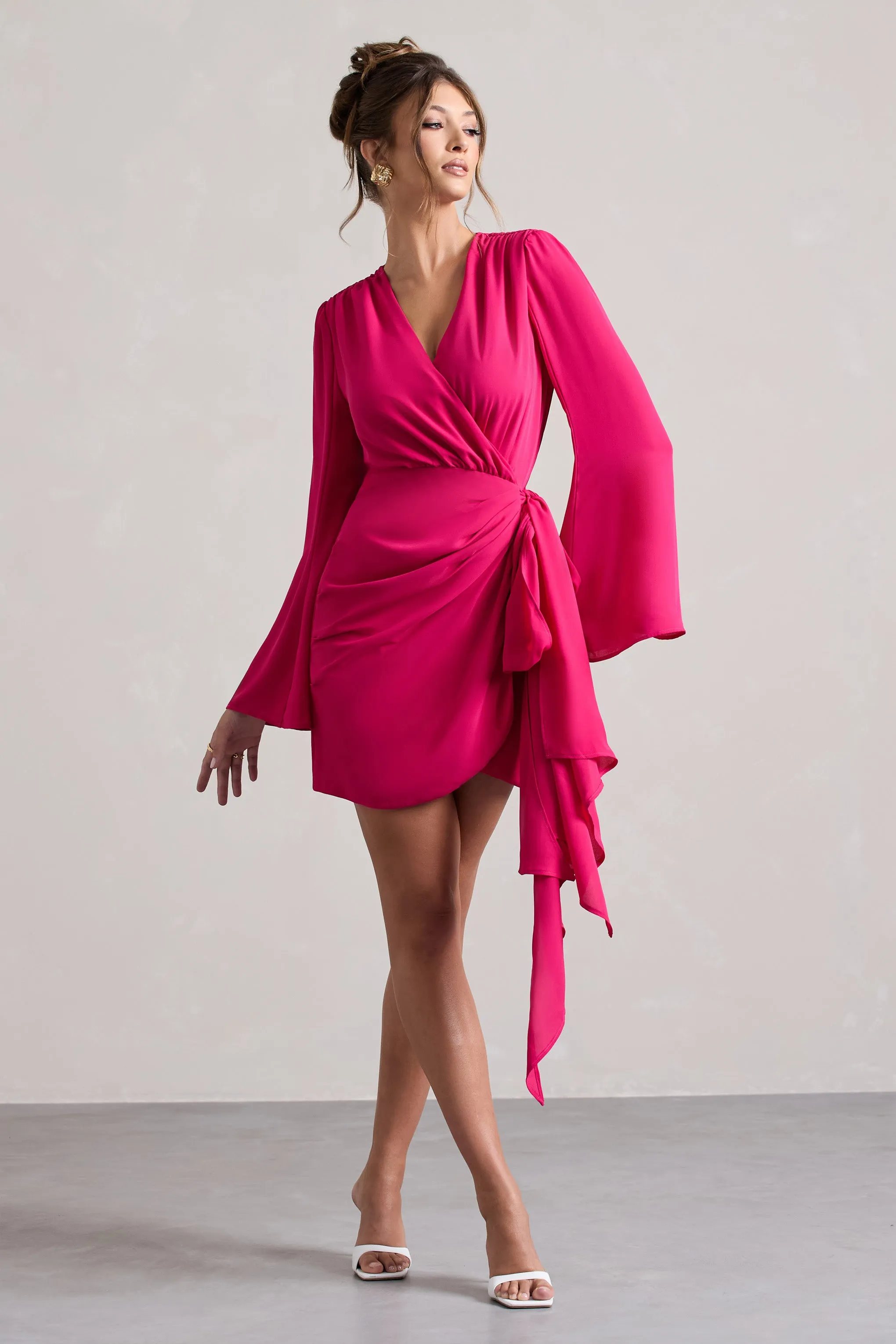 Alinta | Hot Pink Long-Sleeve Wrap Mini Dress