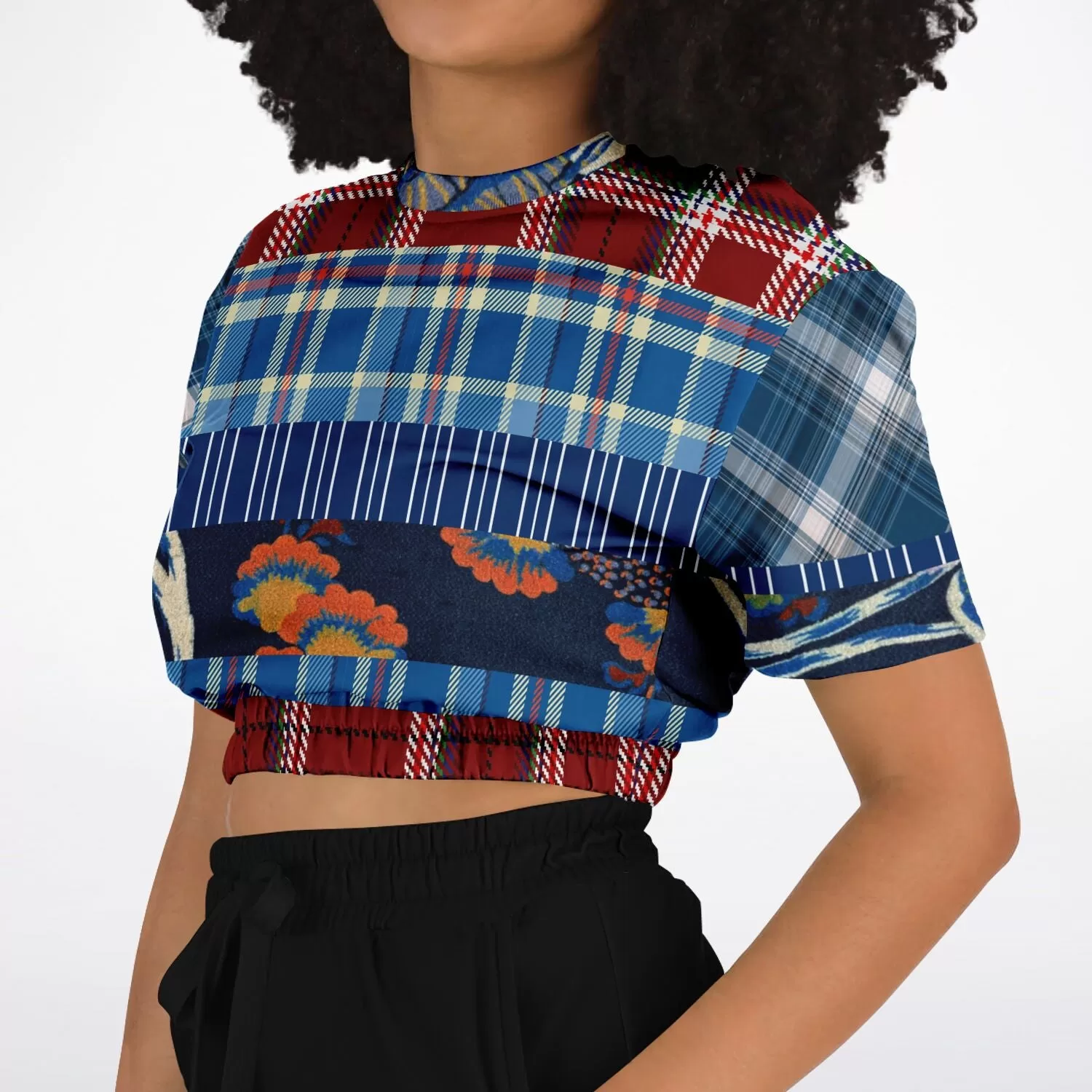 Andromeda Blue Plaid Short Sleeve Cropped Eco-Poly Sweater