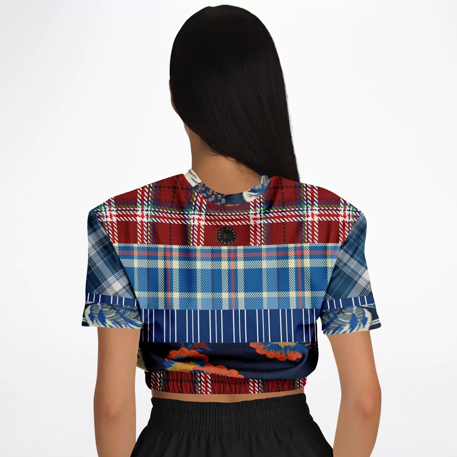 Andromeda Blue Plaid Short Sleeve Cropped Eco-Poly Sweater