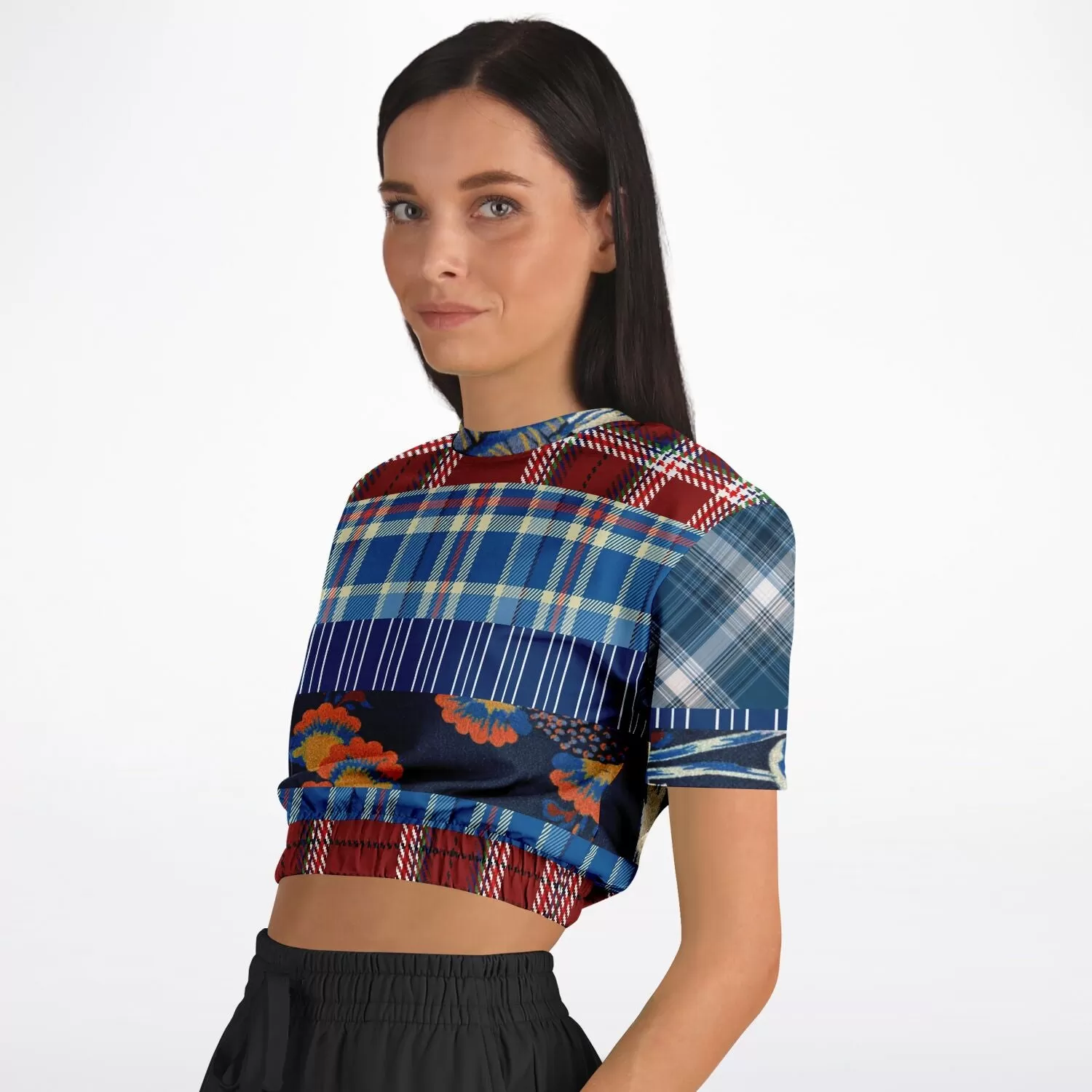 Andromeda Blue Plaid Short Sleeve Cropped Eco-Poly Sweater