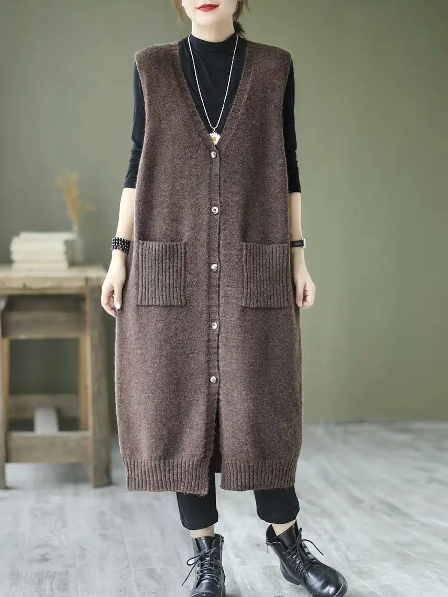 Artsy Solid Knitted Long Vest Sleeveless Sweater