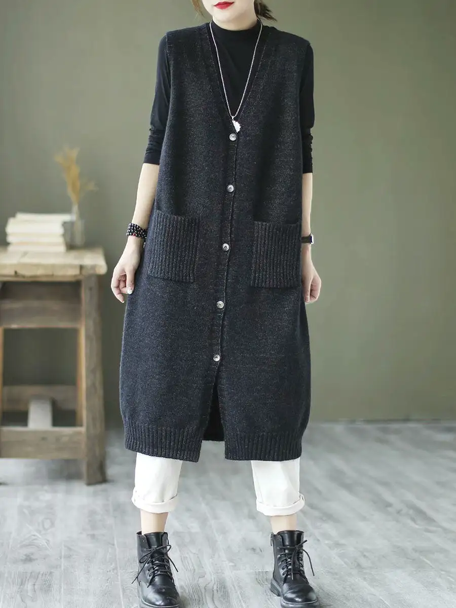 Artsy Solid Knitted Long Vest Sleeveless Sweater