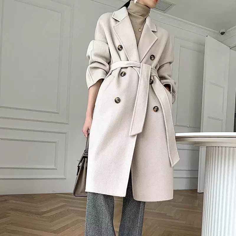 Ashore Shop Autumn and Winter New Cashmere Coat Women's Classic Double-breasted Women's Thickened Double-sided Wool Long Coat  M