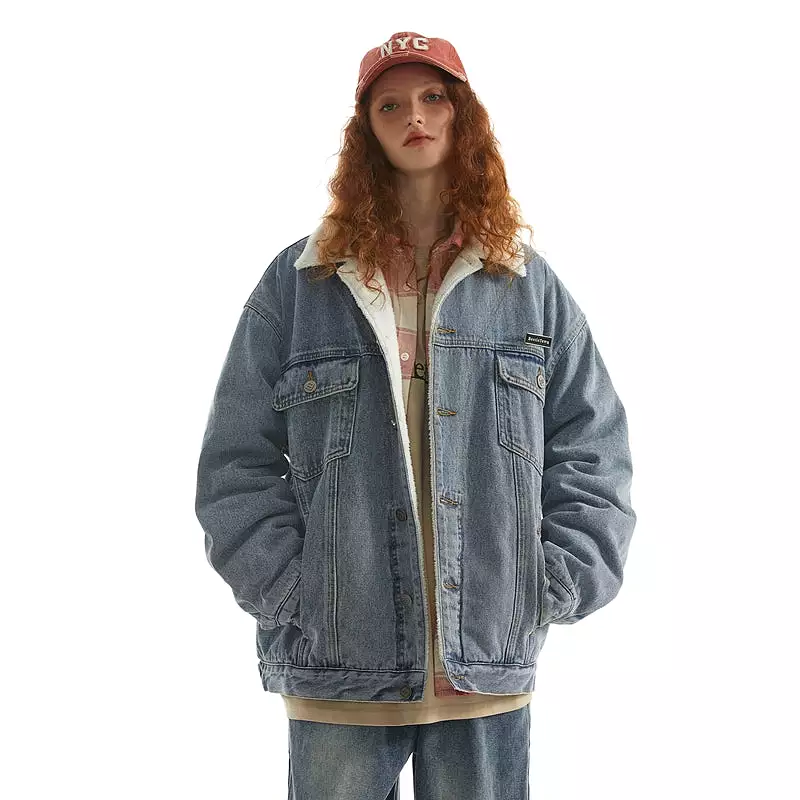 Ashore Shop Btown imitation lamb denim jacket for women loose couple thickened cotton coat