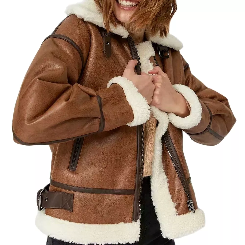 Ashore Shop Women's Sheepskin Faux Leather Hip Fur Jacket Coat