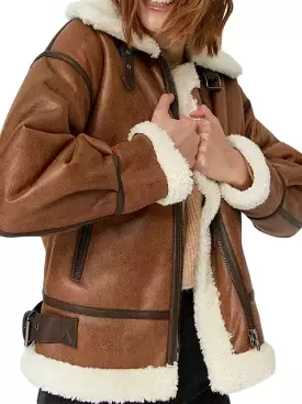 Ashore Shop Women's Sheepskin Faux Leather Hip Fur Jacket Coat