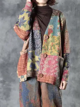 Autumn Colorful Flower Knitted Floral Sweater Coat