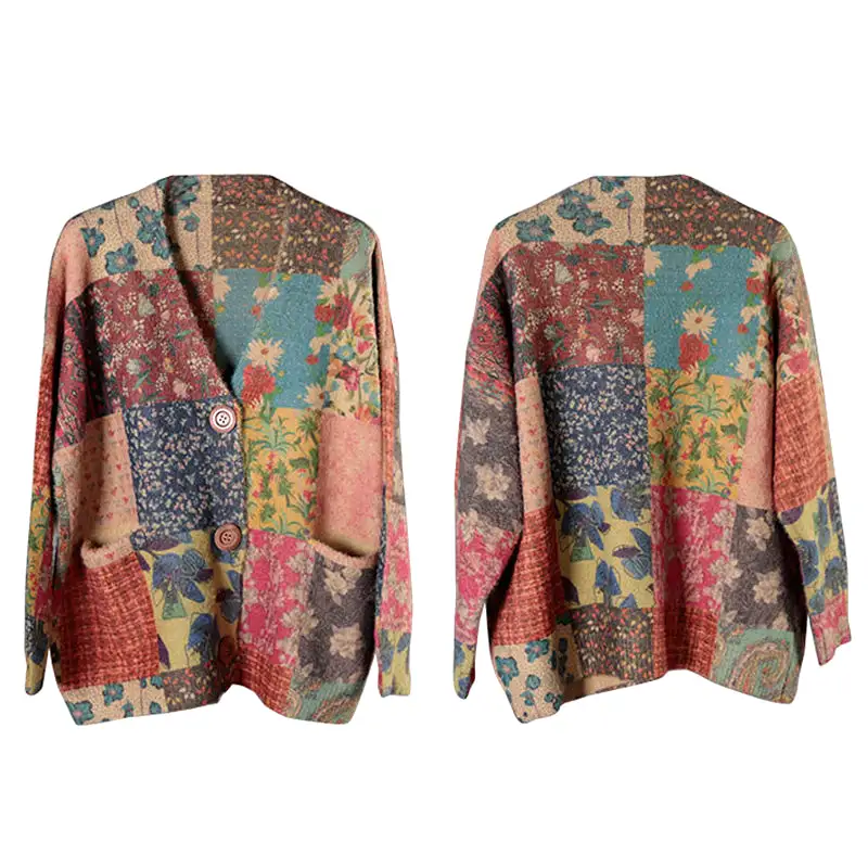 Autumn Colorful Flower Knitted Floral Sweater Coat