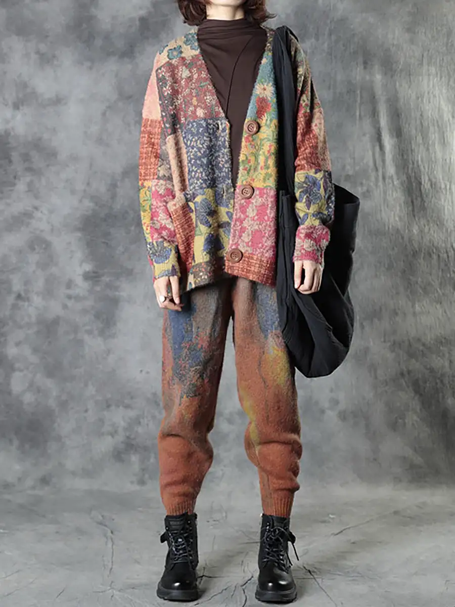 Autumn Colorful Flower Knitted Floral Sweater Coat