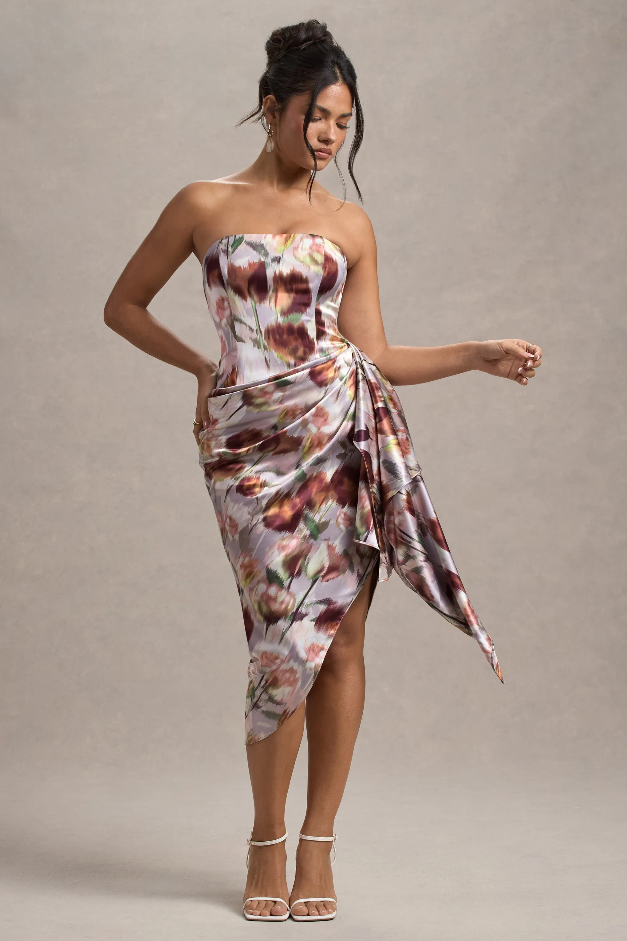 Axel | Cream Floral Print Satin Strapless Wrap Midi Dress