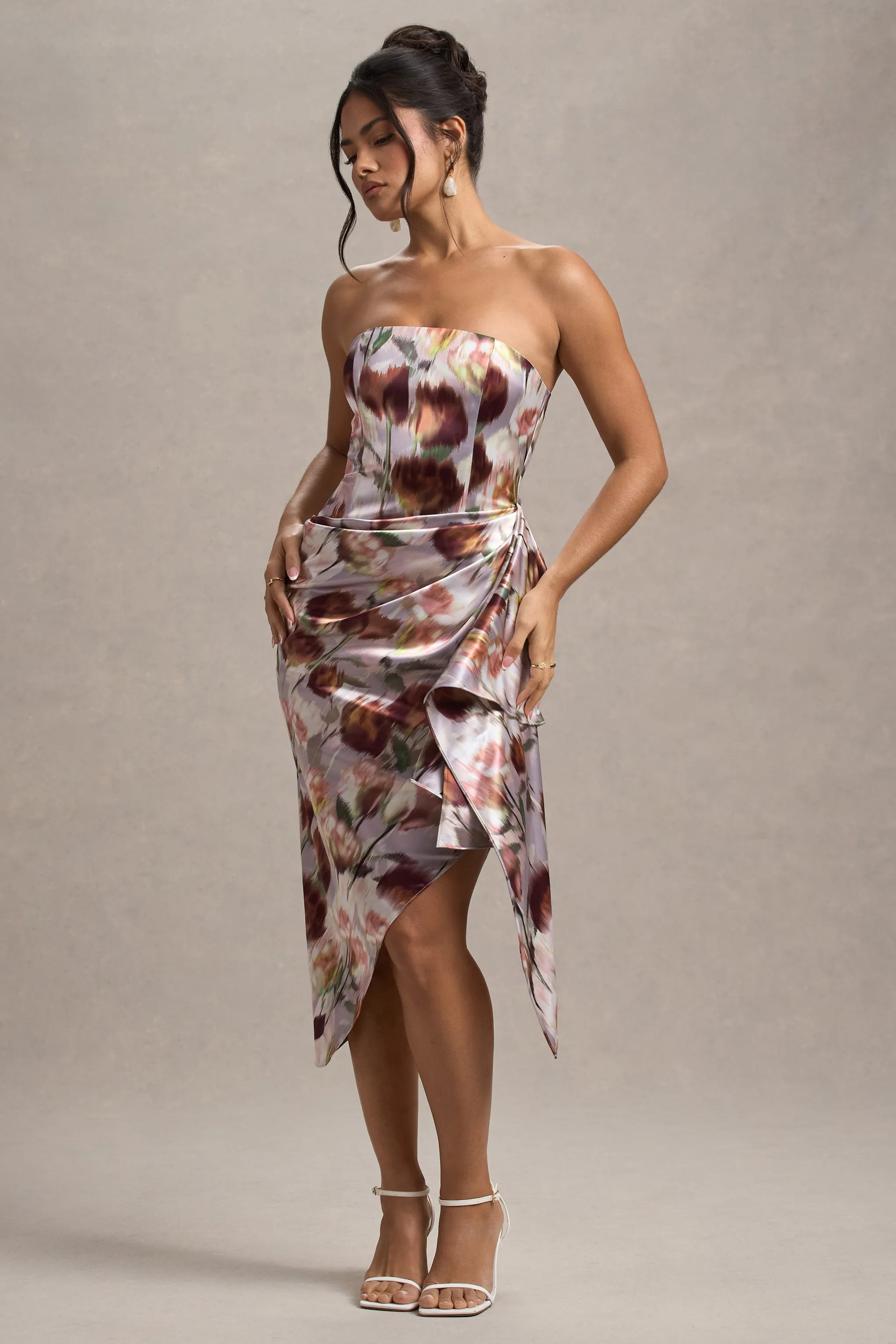 Axel | Cream Floral Print Satin Strapless Wrap Midi Dress