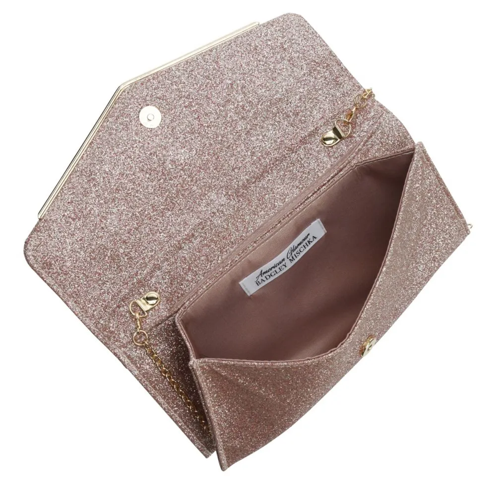 BADGLEY MISCHKA  WOMENS GLITTER DOUBLE COMPARTMENT ENVELOPE HANDBAG