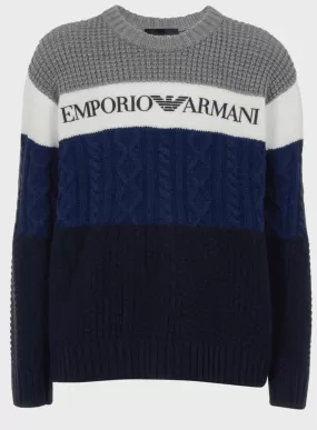 BOYS MIXED KNIT SWEATER W/ LOGO ON FRONT - Blue