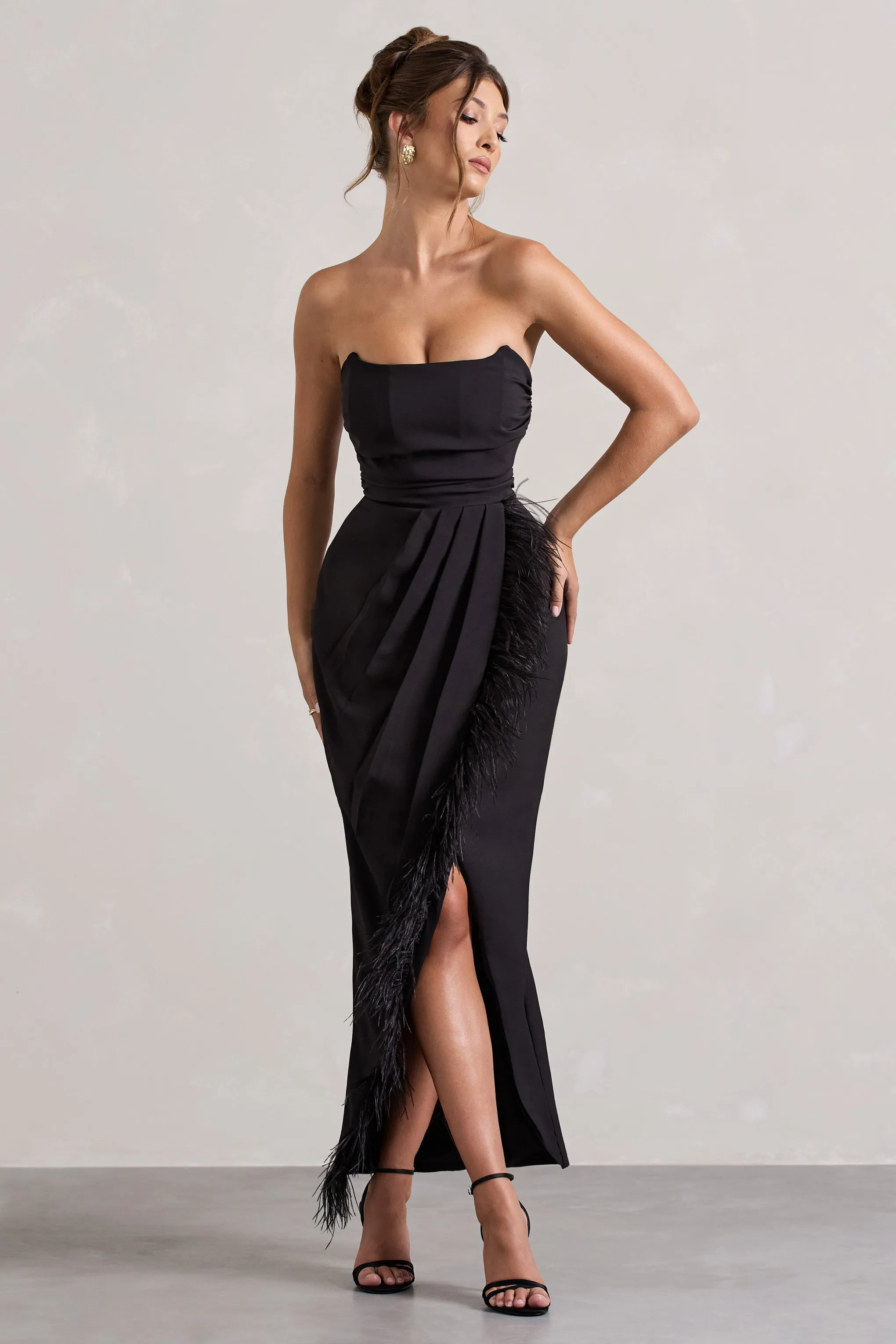 Chosen | Black Bandeau Wrap Maxi Dress With Feather Trim