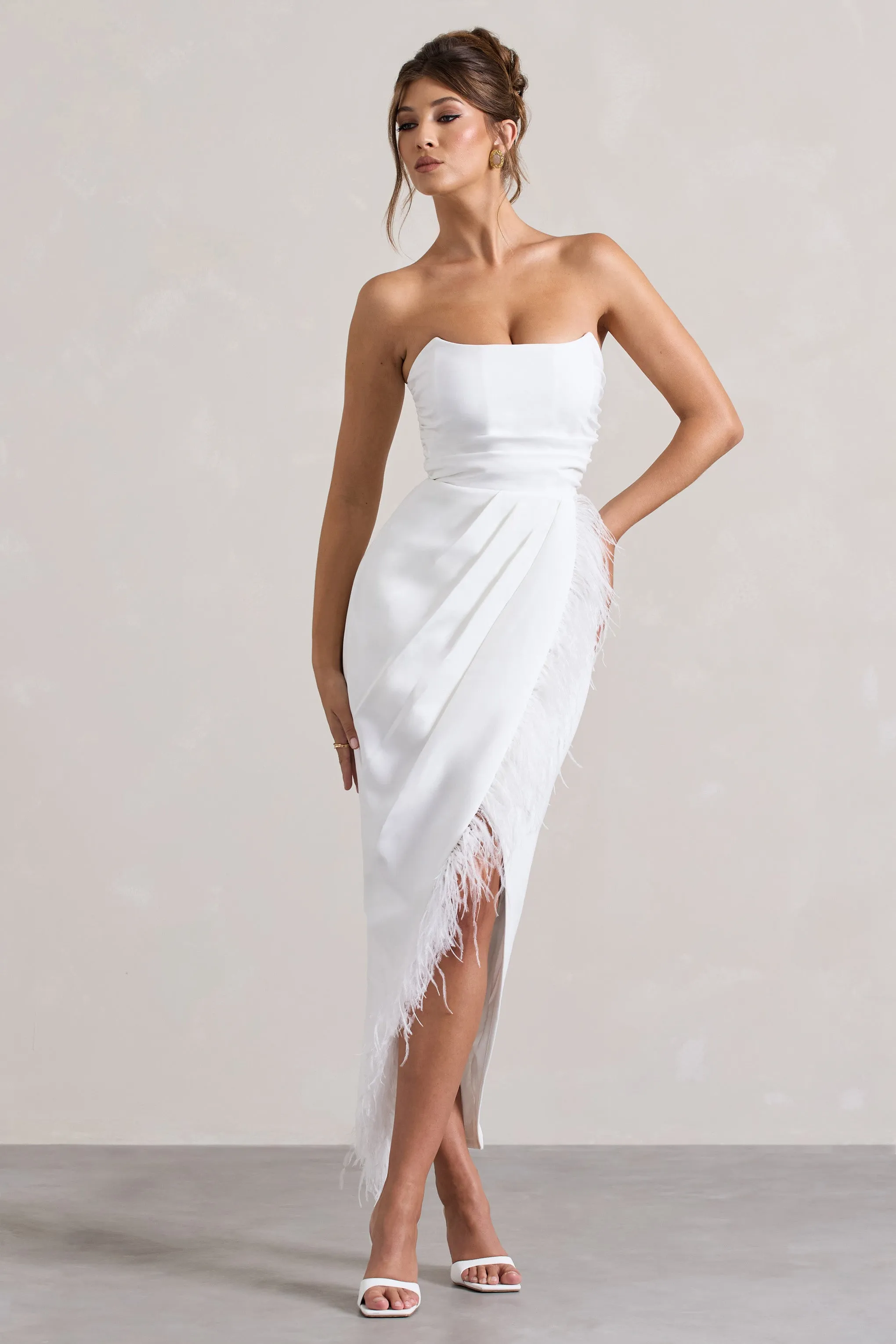 Chosen | White Bandeau Wrap Maxi Dress With Feather Trim