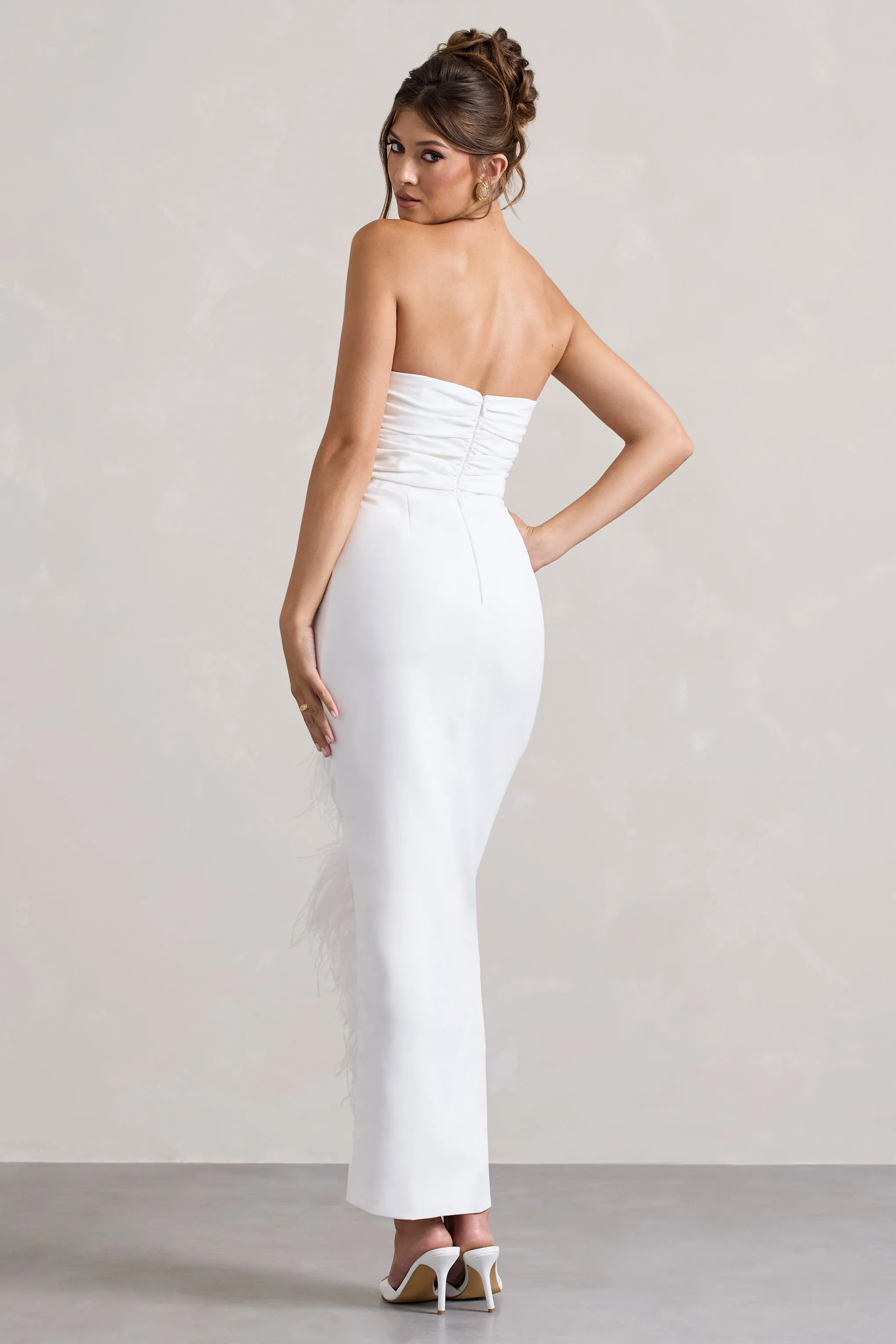 Chosen | White Bandeau Wrap Maxi Dress With Feather Trim