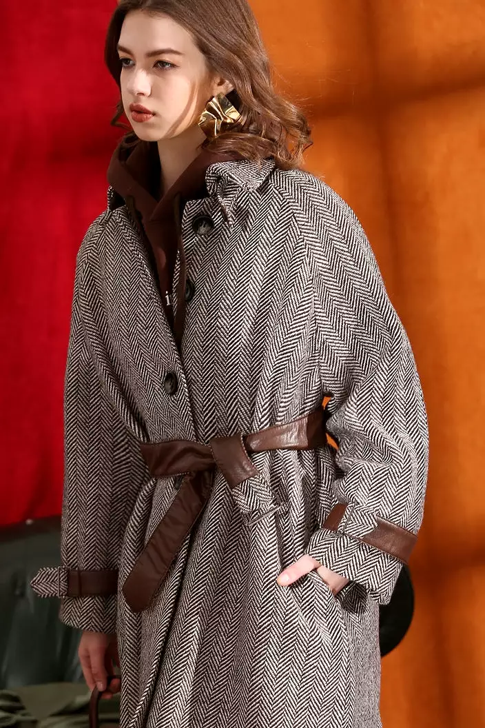 Classic  Herringbone women's  wool coat with sheepskin mid-length jacket Quilting Lining