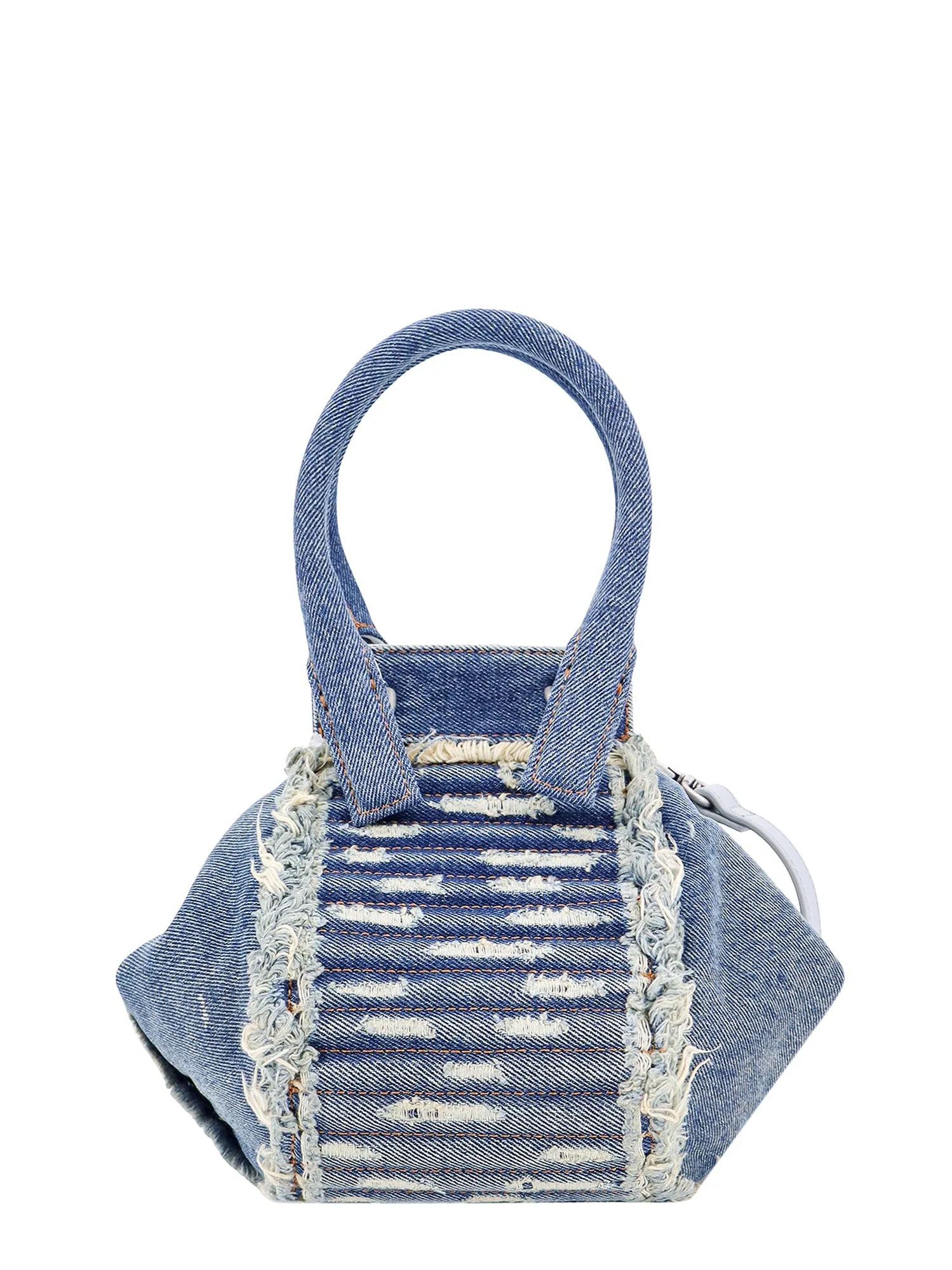 Distressed denim handbag with frayed details