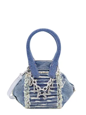 Distressed denim handbag with frayed details