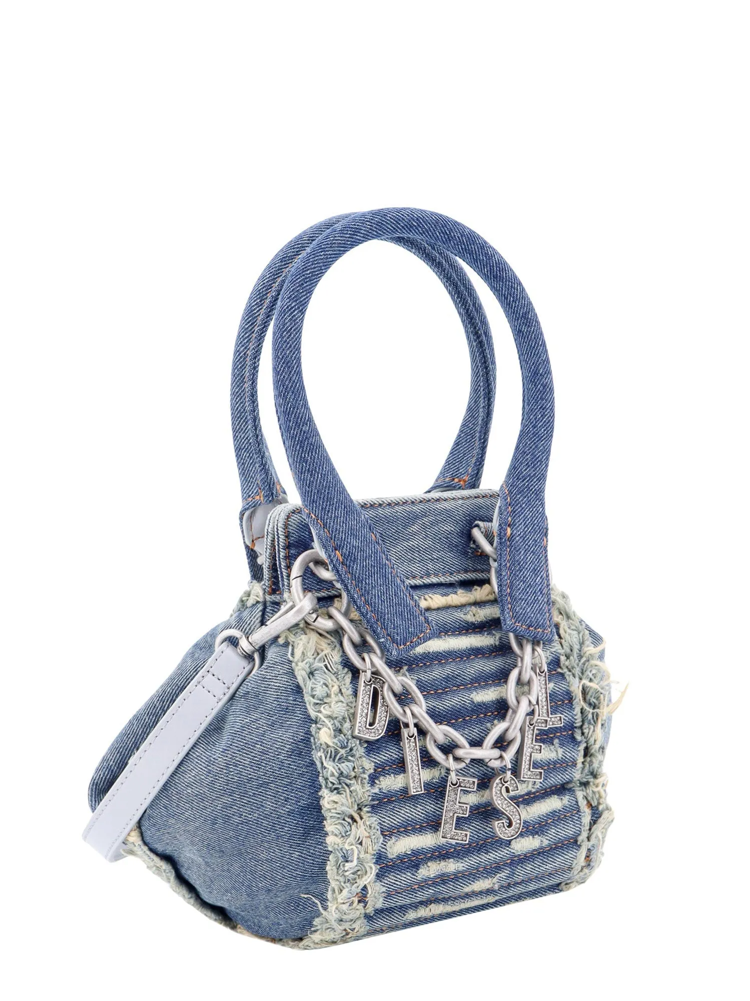 Distressed denim handbag with frayed details