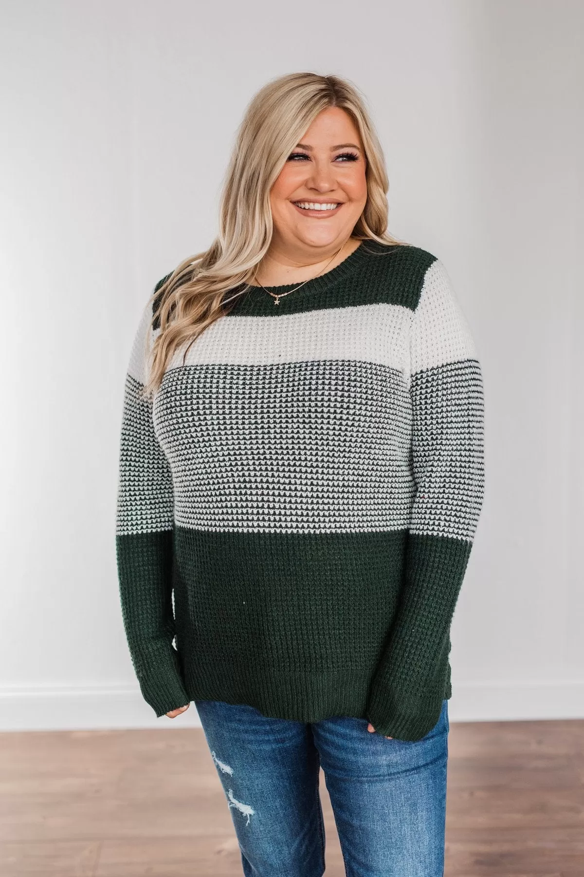 Enjoying Life Color Block Knit Sweater- Forest Green & Ivory