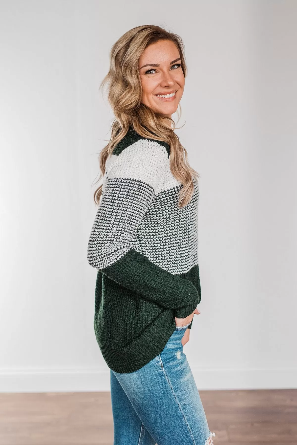 Enjoying Life Color Block Knit Sweater- Forest Green & Ivory