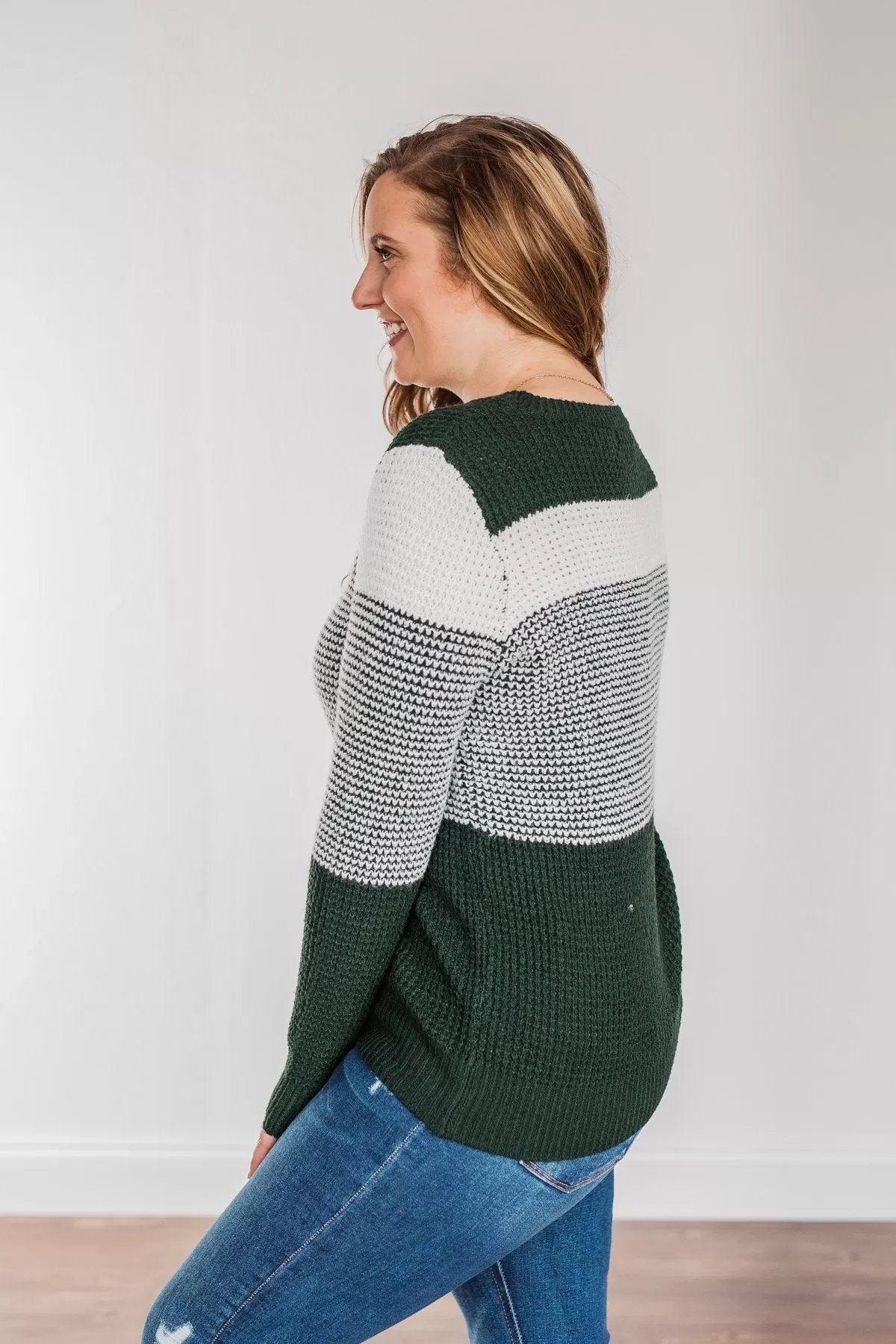 Enjoying Life Color Block Knit Sweater- Forest Green & Ivory