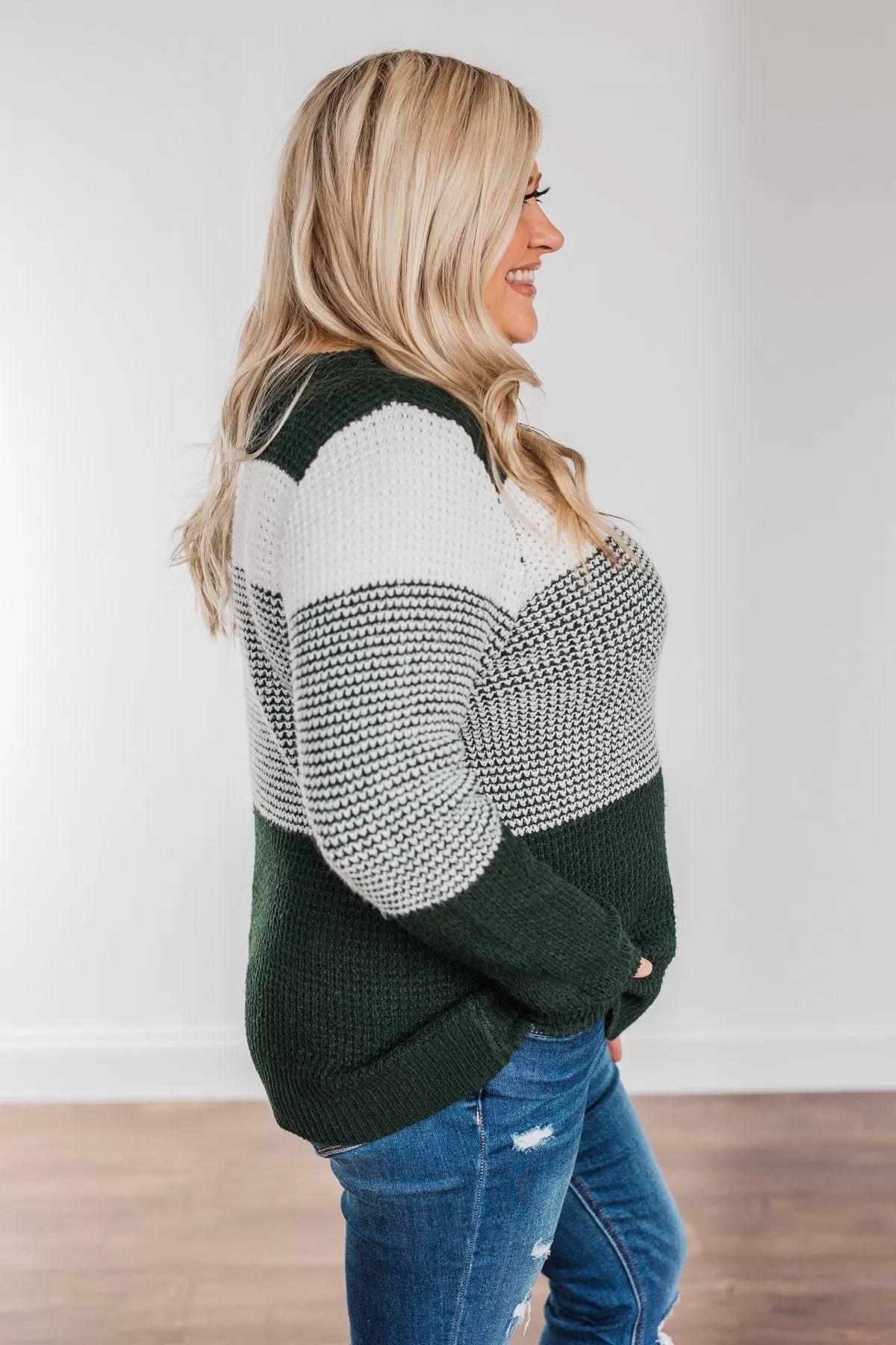 Enjoying Life Color Block Knit Sweater- Forest Green & Ivory