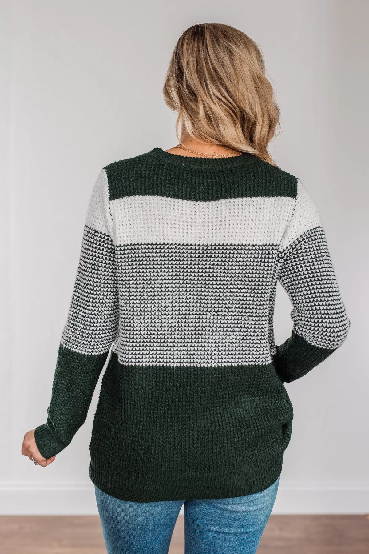 Enjoying Life Color Block Knit Sweater- Forest Green & Ivory