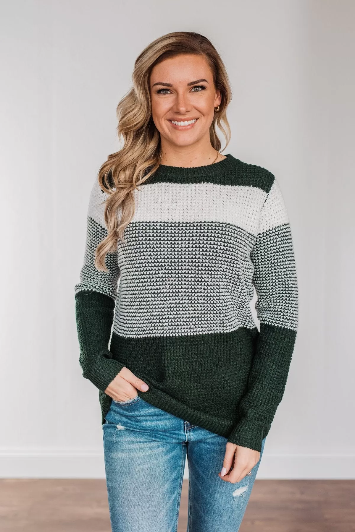 Enjoying Life Color Block Knit Sweater- Forest Green & Ivory