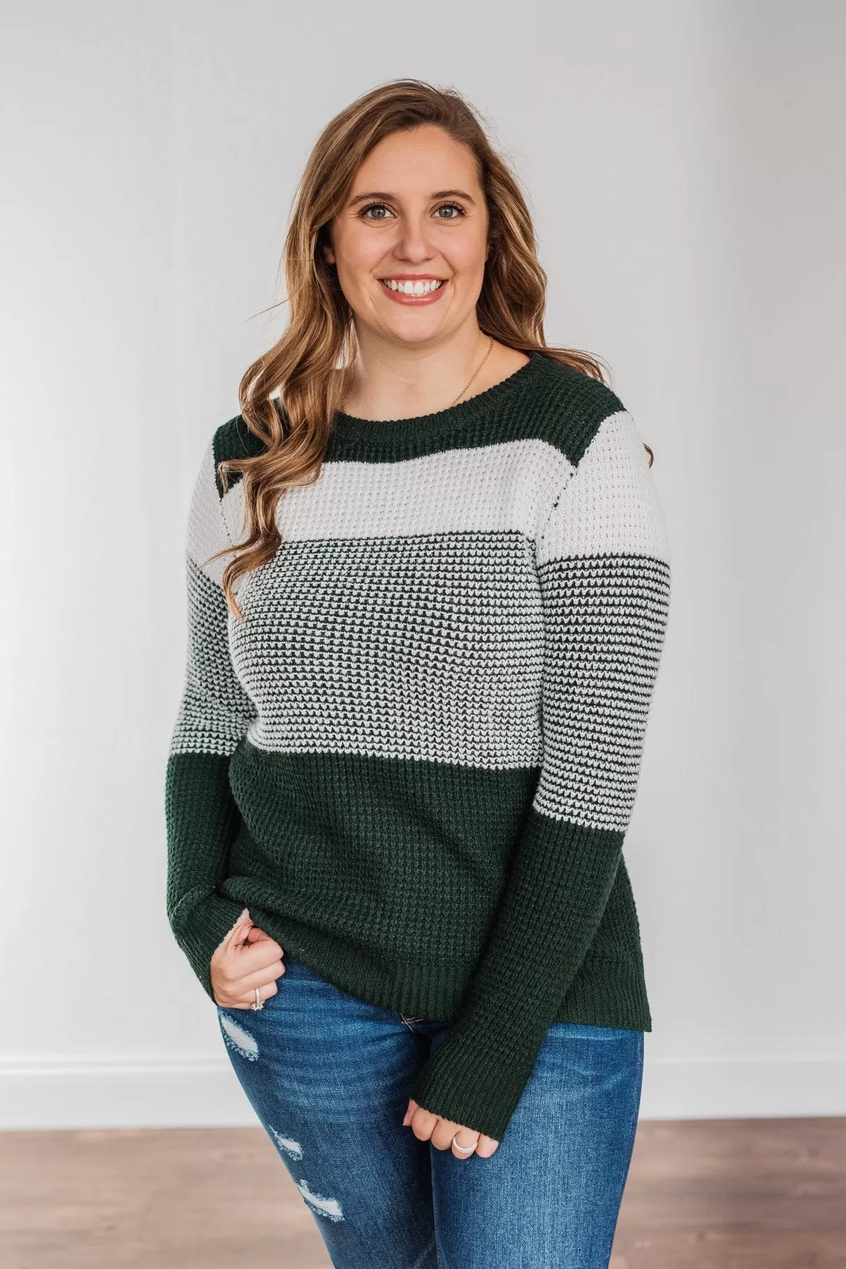 Enjoying Life Color Block Knit Sweater- Forest Green & Ivory