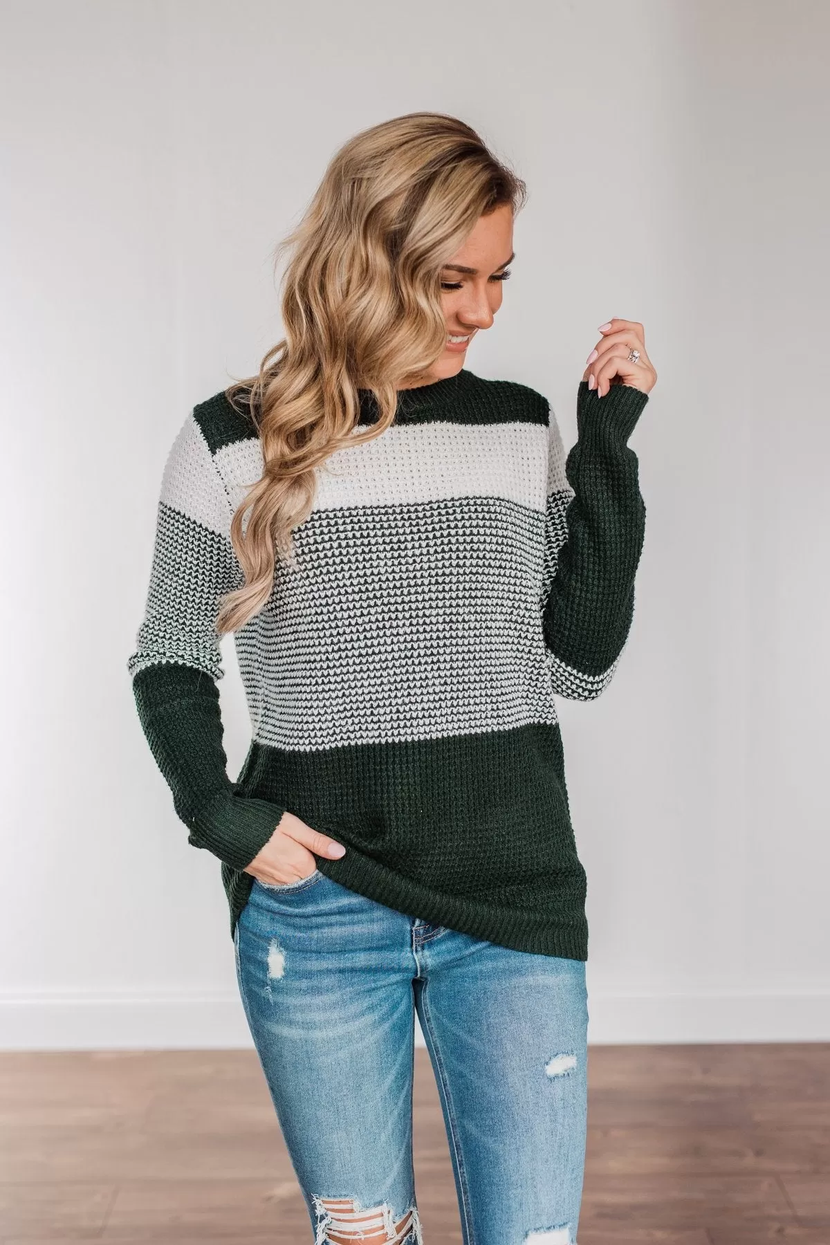 Enjoying Life Color Block Knit Sweater- Forest Green & Ivory