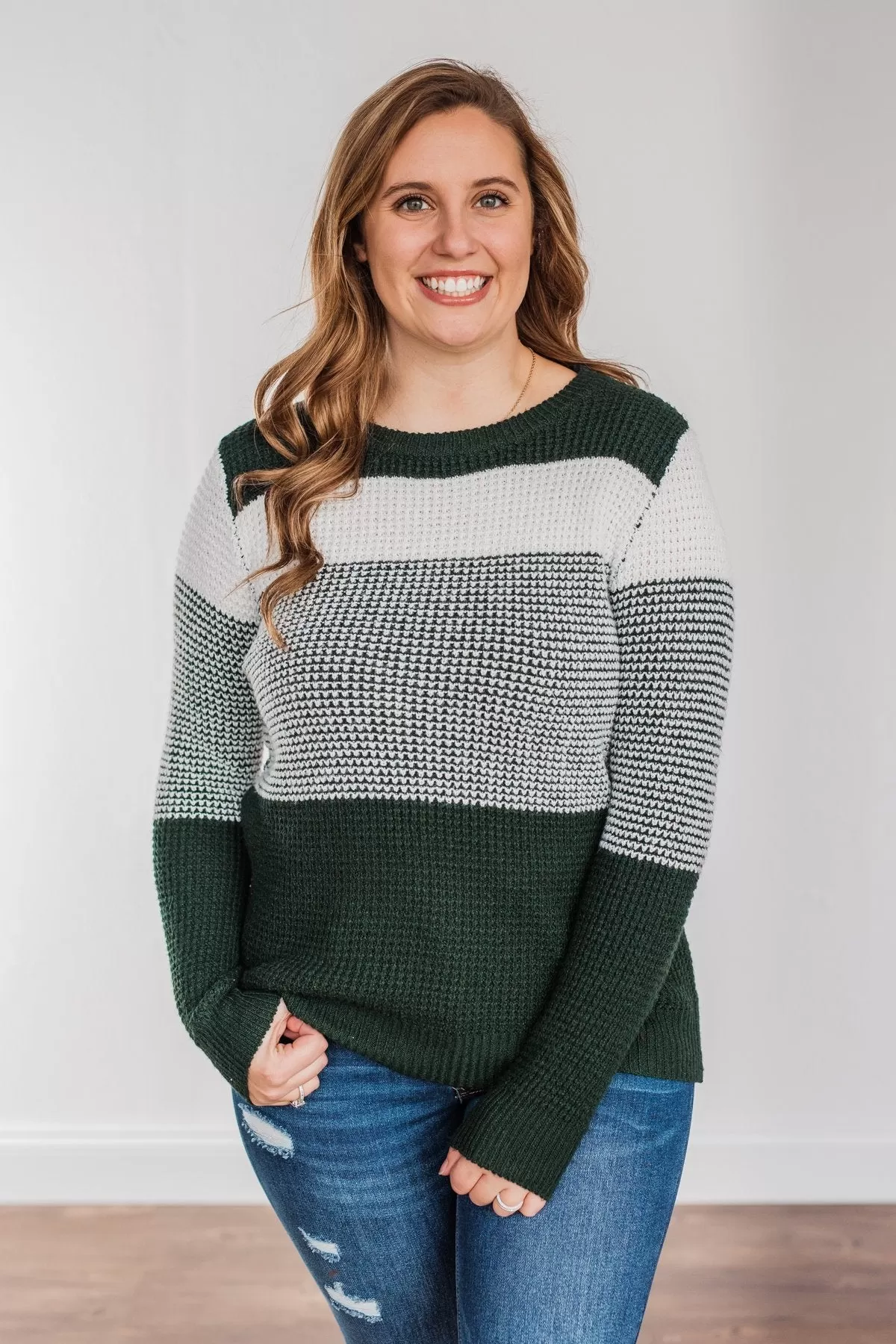 Enjoying Life Color Block Knit Sweater- Forest Green & Ivory