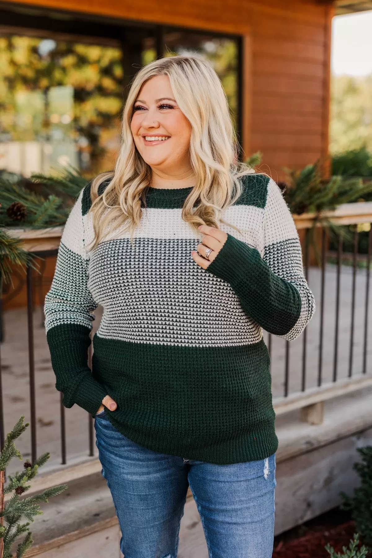 Enjoying Life Color Block Knit Sweater- Forest Green & Ivory