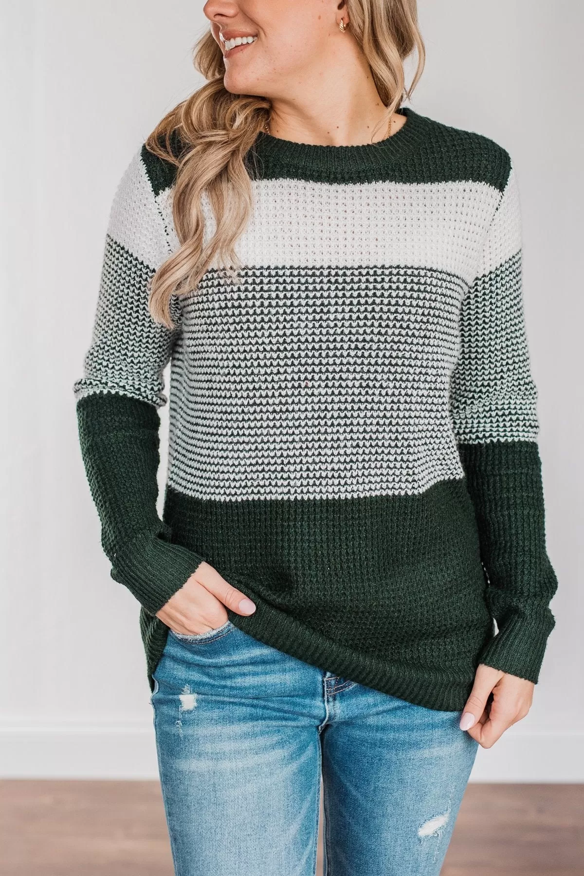 Enjoying Life Color Block Knit Sweater- Forest Green & Ivory