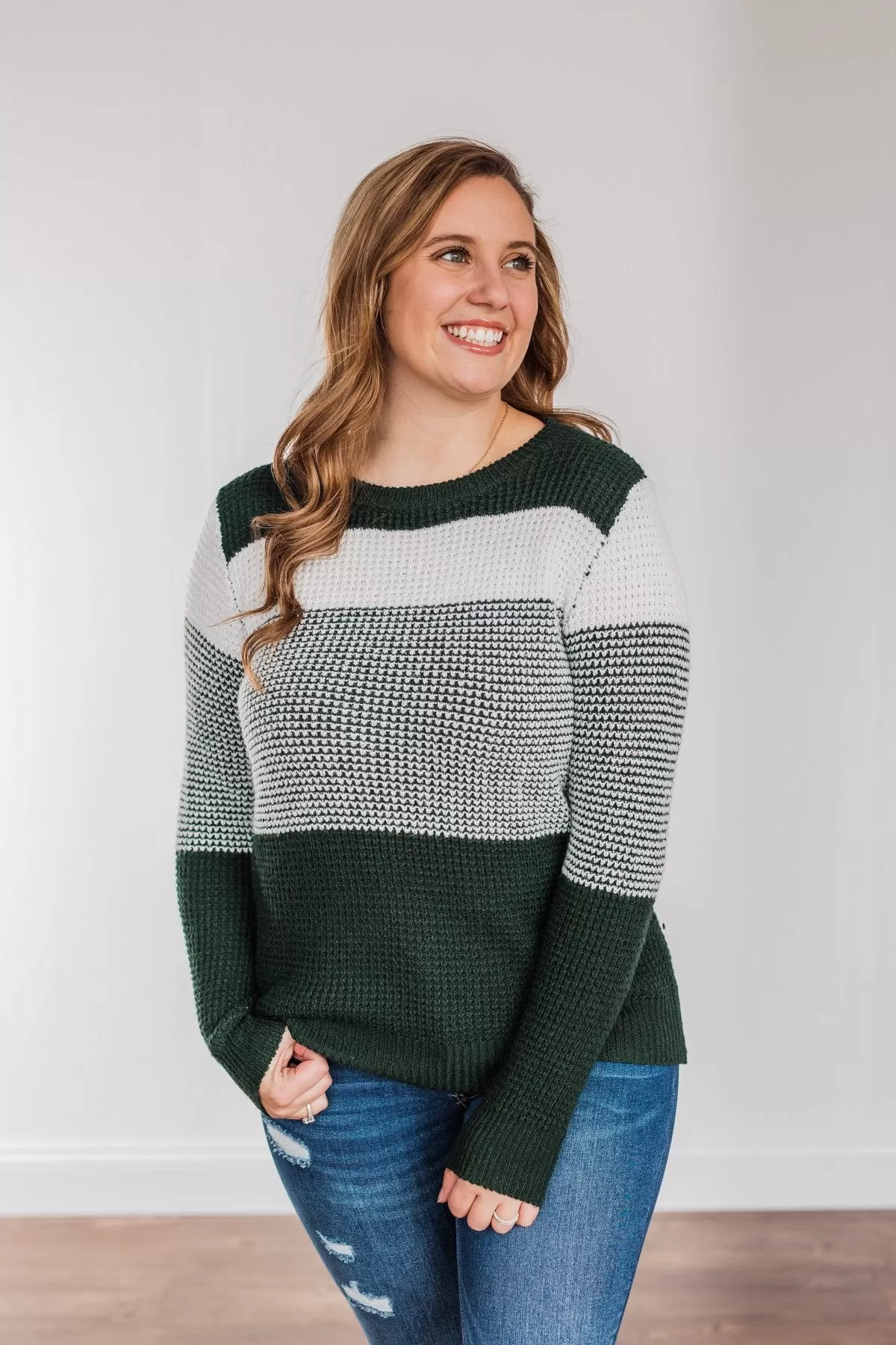 Enjoying Life Color Block Knit Sweater- Forest Green & Ivory