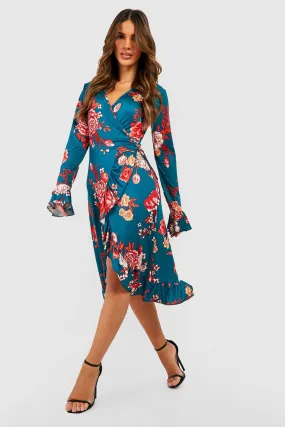 Floral Ruffle Wrap Midi Dress