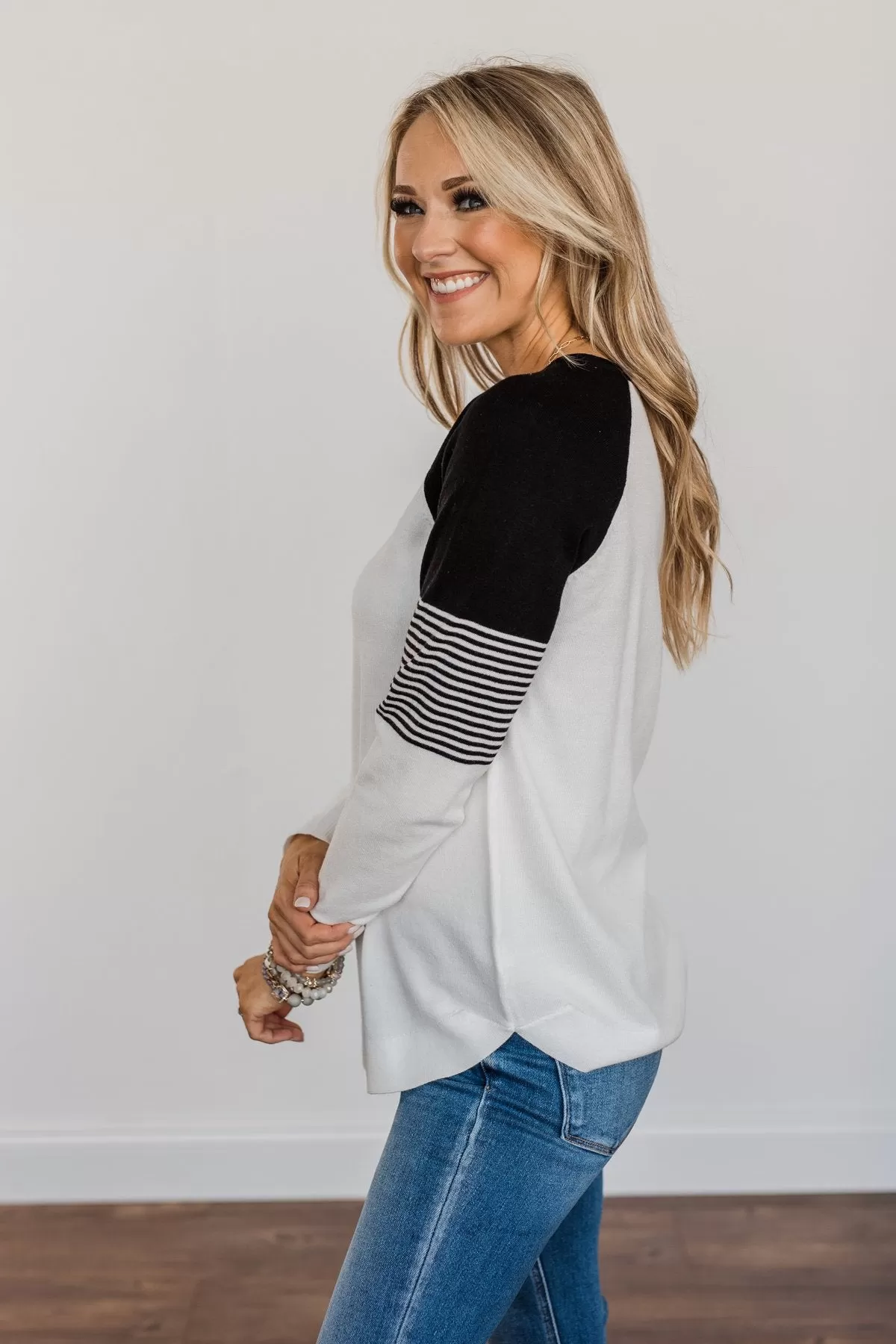 Friends To The End Knit Raglan Sweater- Ivory & Black