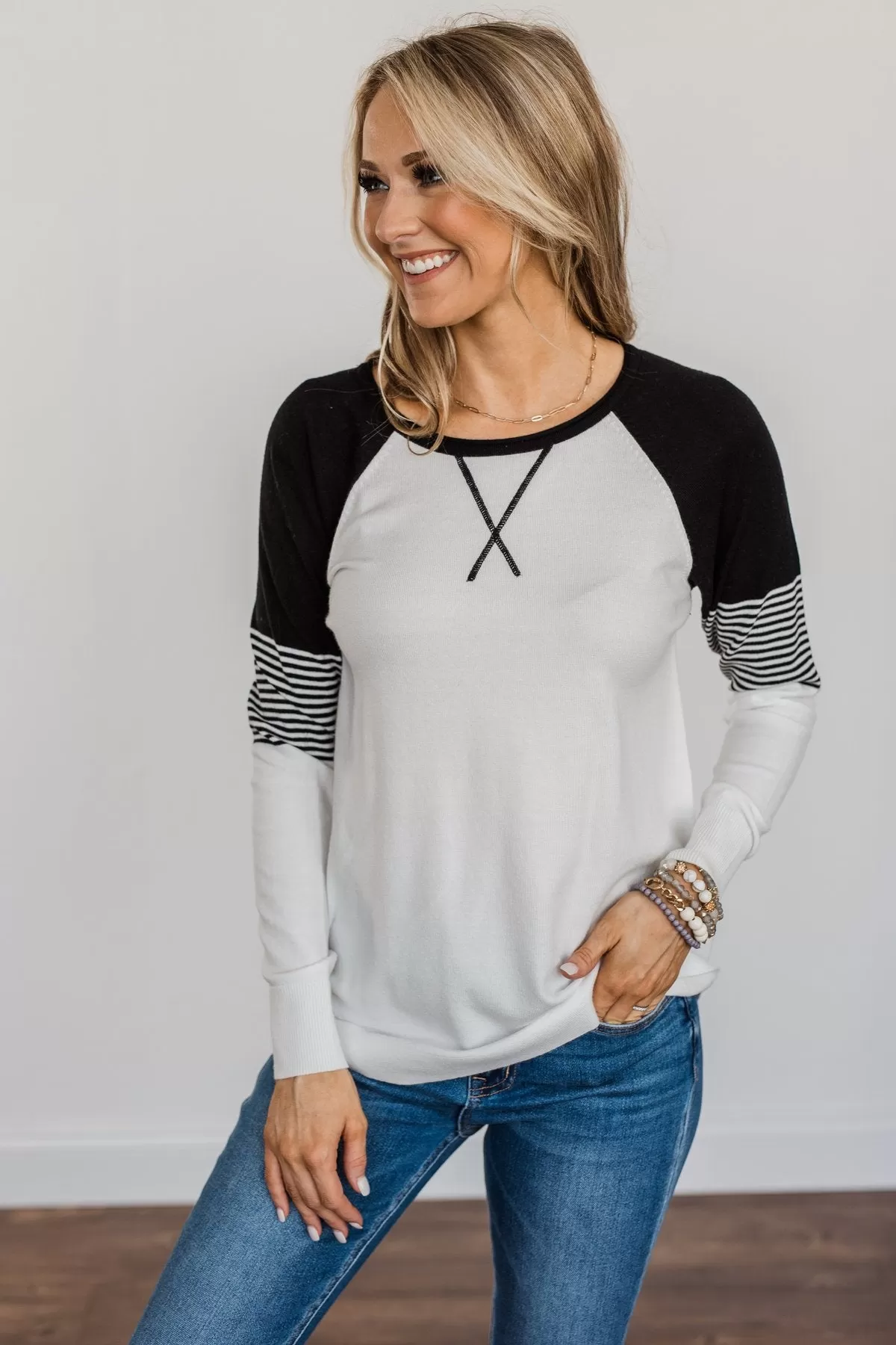 Friends To The End Knit Raglan Sweater- Ivory & Black