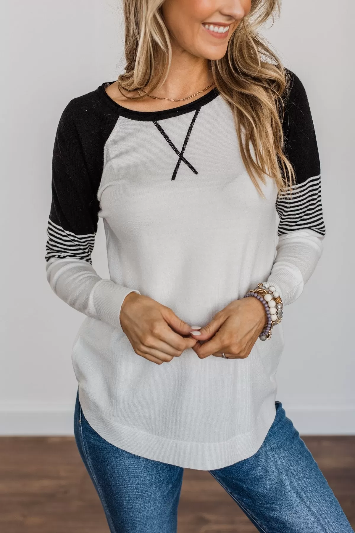 Friends To The End Knit Raglan Sweater- Ivory & Black