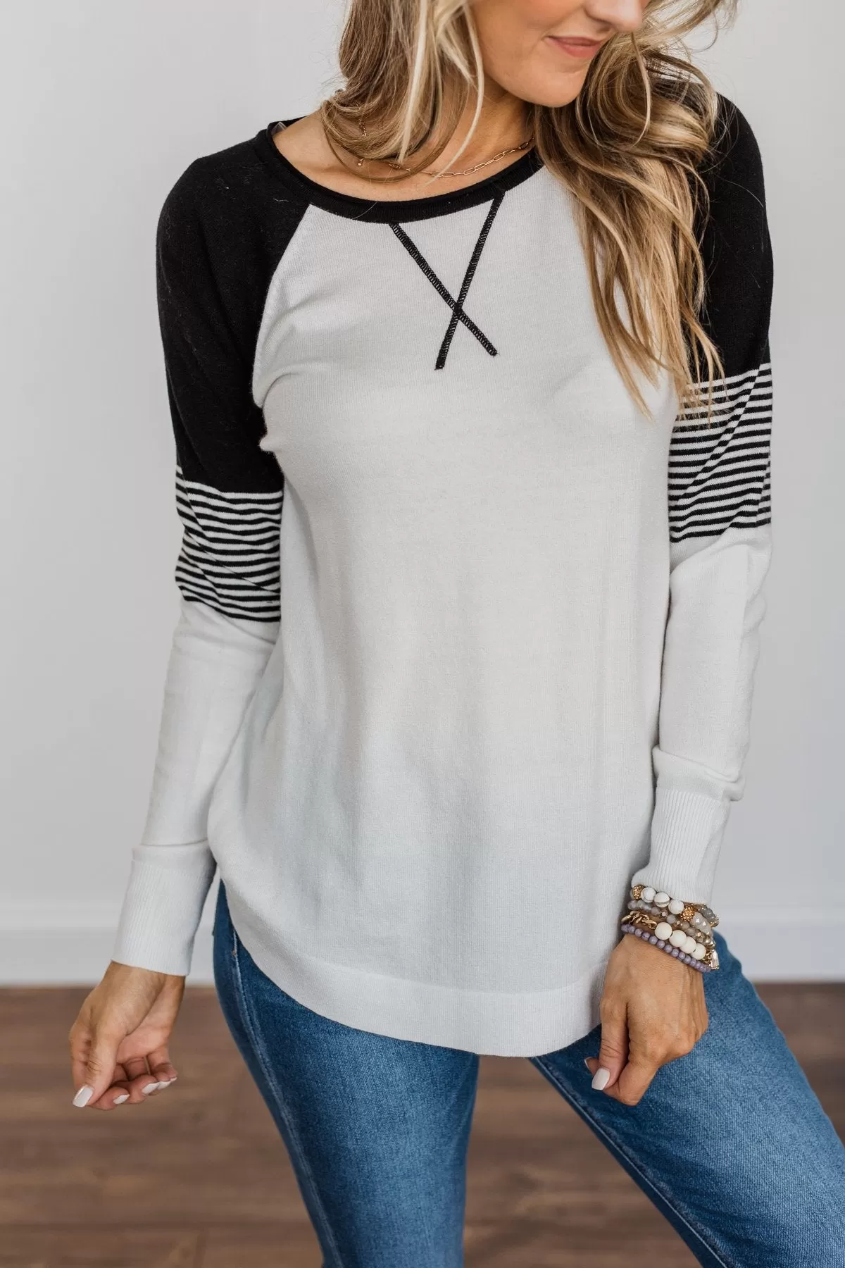 Friends To The End Knit Raglan Sweater- Ivory & Black