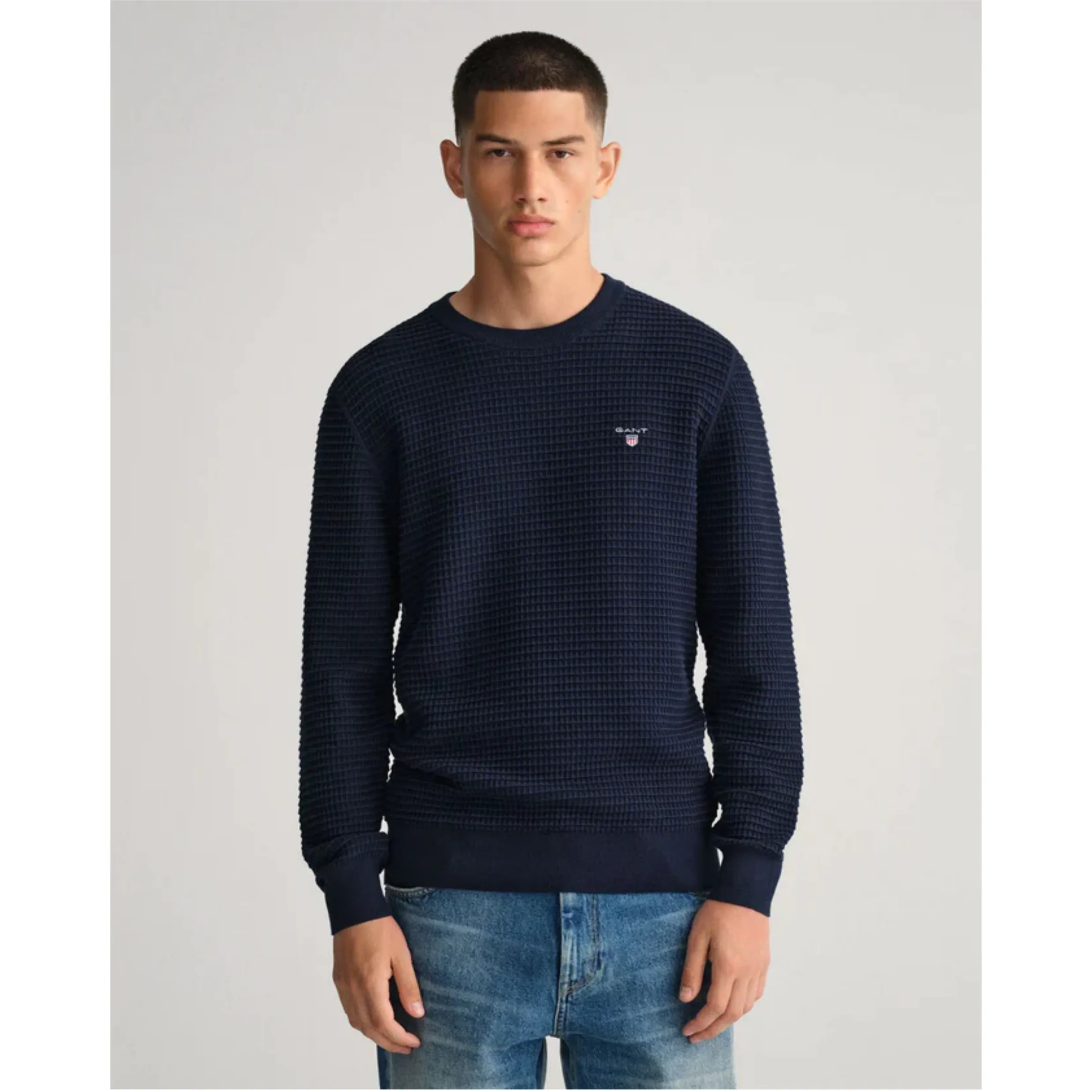 GANT Cotton Texture Crew Neck Sweater Evening Blue