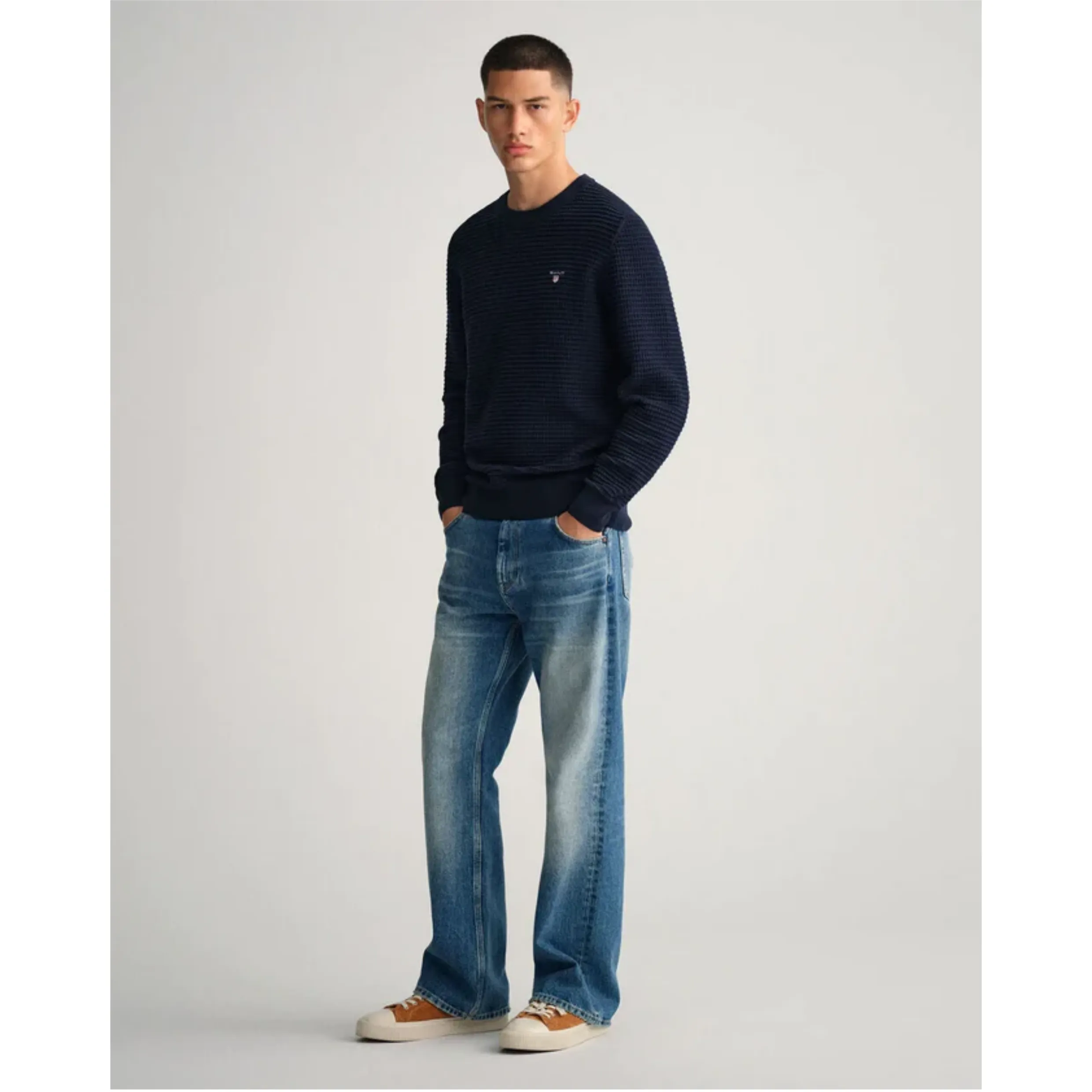 GANT Cotton Texture Crew Neck Sweater Evening Blue