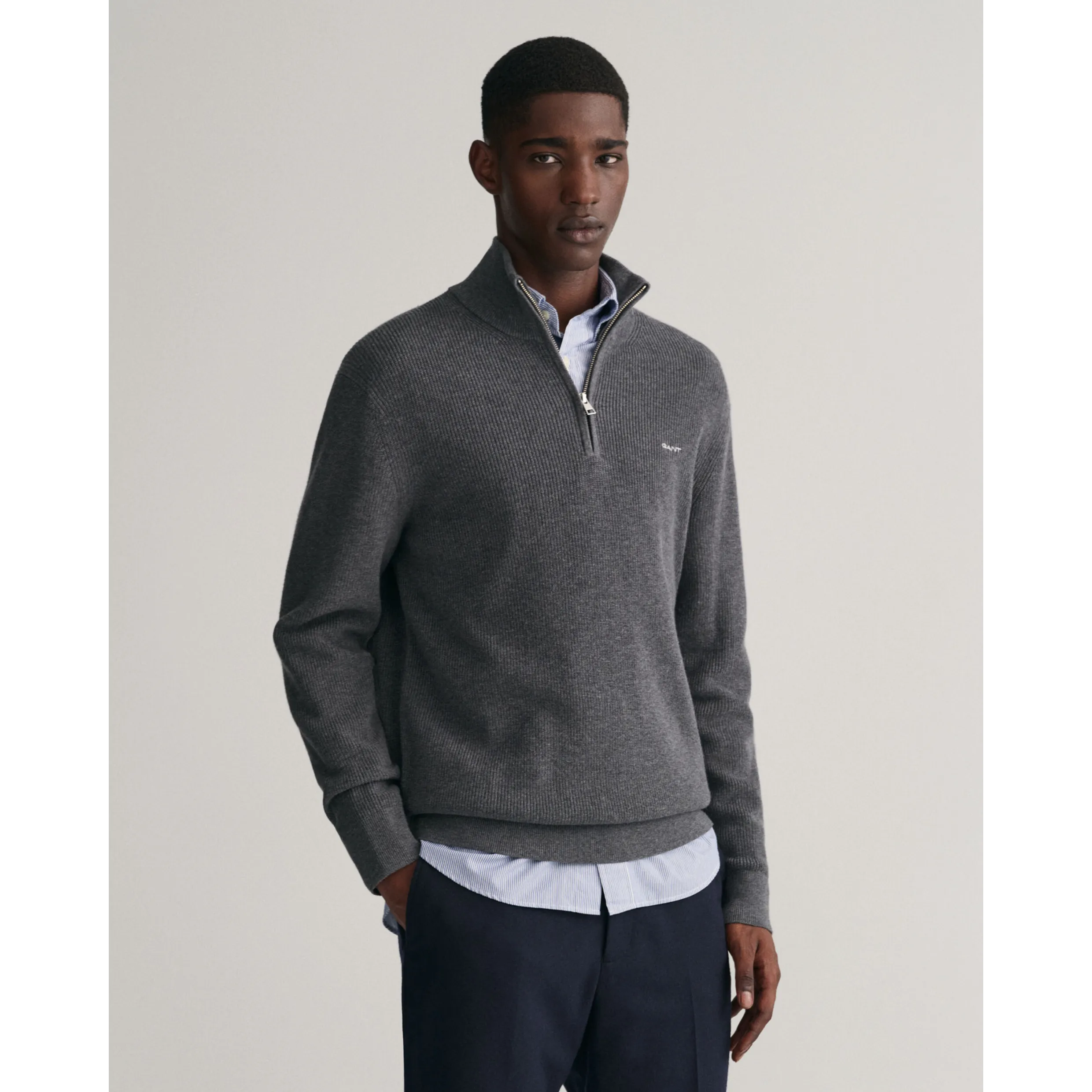 GANT Ribbed Cotton Wool Half-Zip Sweater - Anthracite Melange