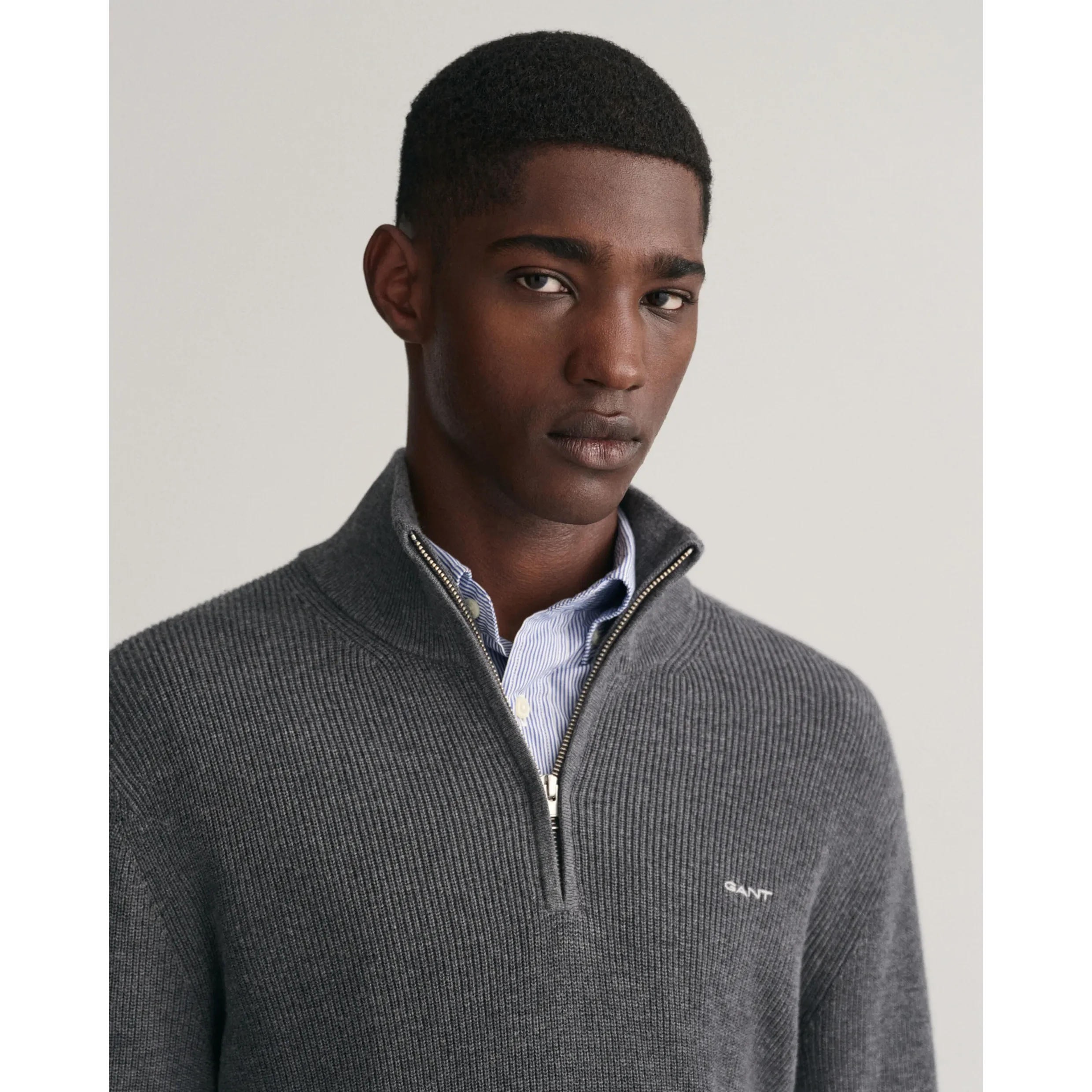 GANT Ribbed Cotton Wool Half-Zip Sweater - Anthracite Melange